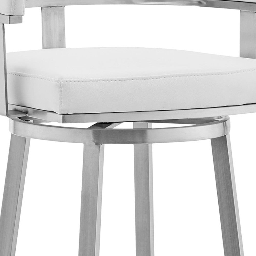 30" White and Silver Faux Leather Stainless Steel Low Back Bar Height Swivel Bar Chair-7