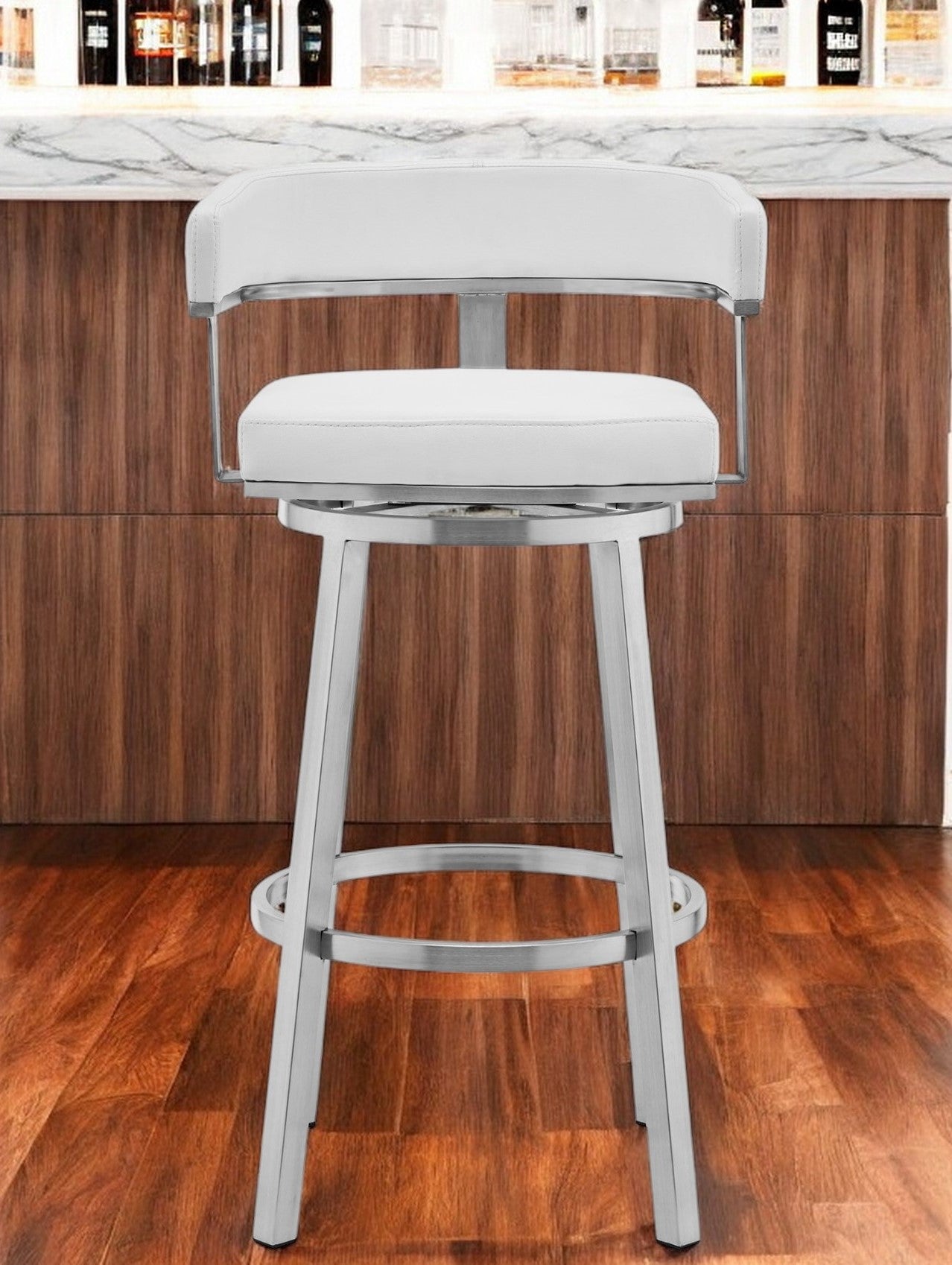 30" White and Silver Faux Leather Stainless Steel Low Back Bar Height Swivel Bar Chair-0
