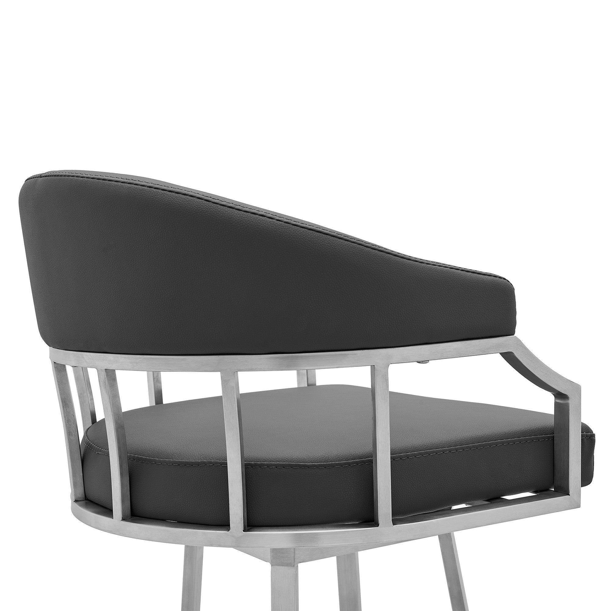 30" Gray And Silver Faux Leather And Iron Swivel Low Back Bar Height Bar Chair-7