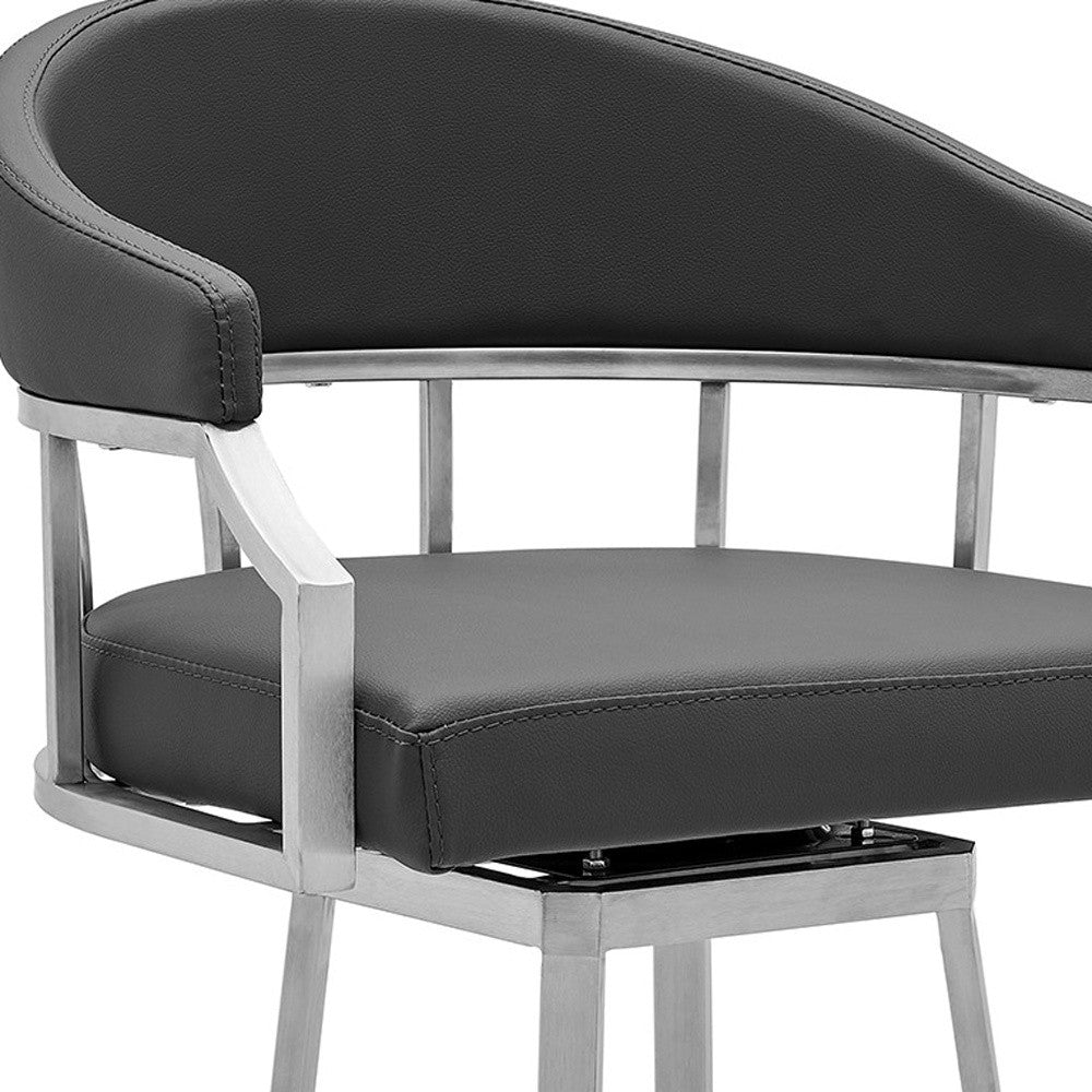 30" Gray And Silver Faux Leather And Iron Swivel Low Back Bar Height Bar Chair-8