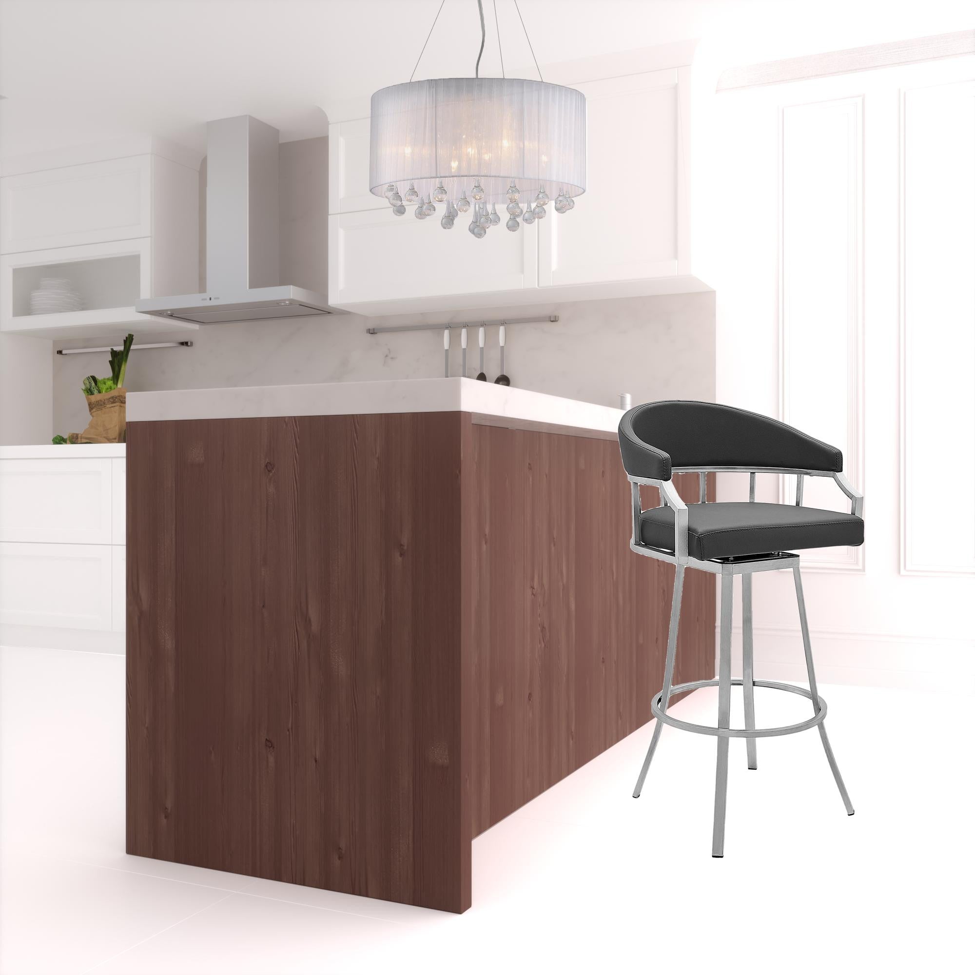 30" Gray And Silver Faux Leather And Iron Swivel Low Back Bar Height Bar Chair-1