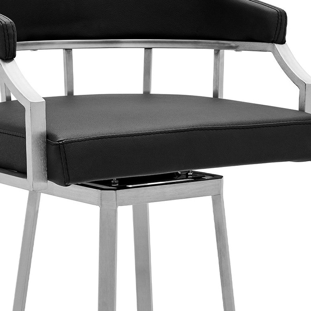 26" Black And Silver Faux Leather And Iron Swivel Low Back Counter Height Bar Chair-7