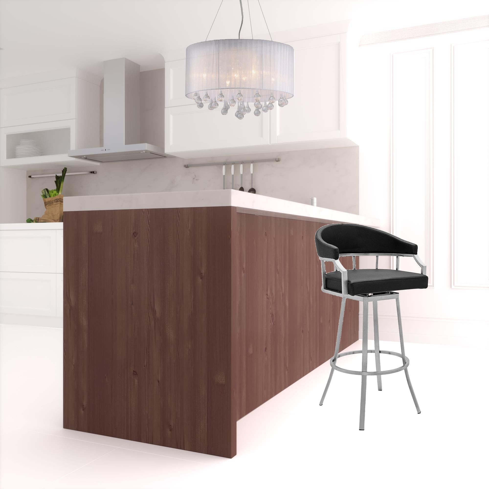 26" Black And Silver Faux Leather And Iron Swivel Low Back Counter Height Bar Chair-1