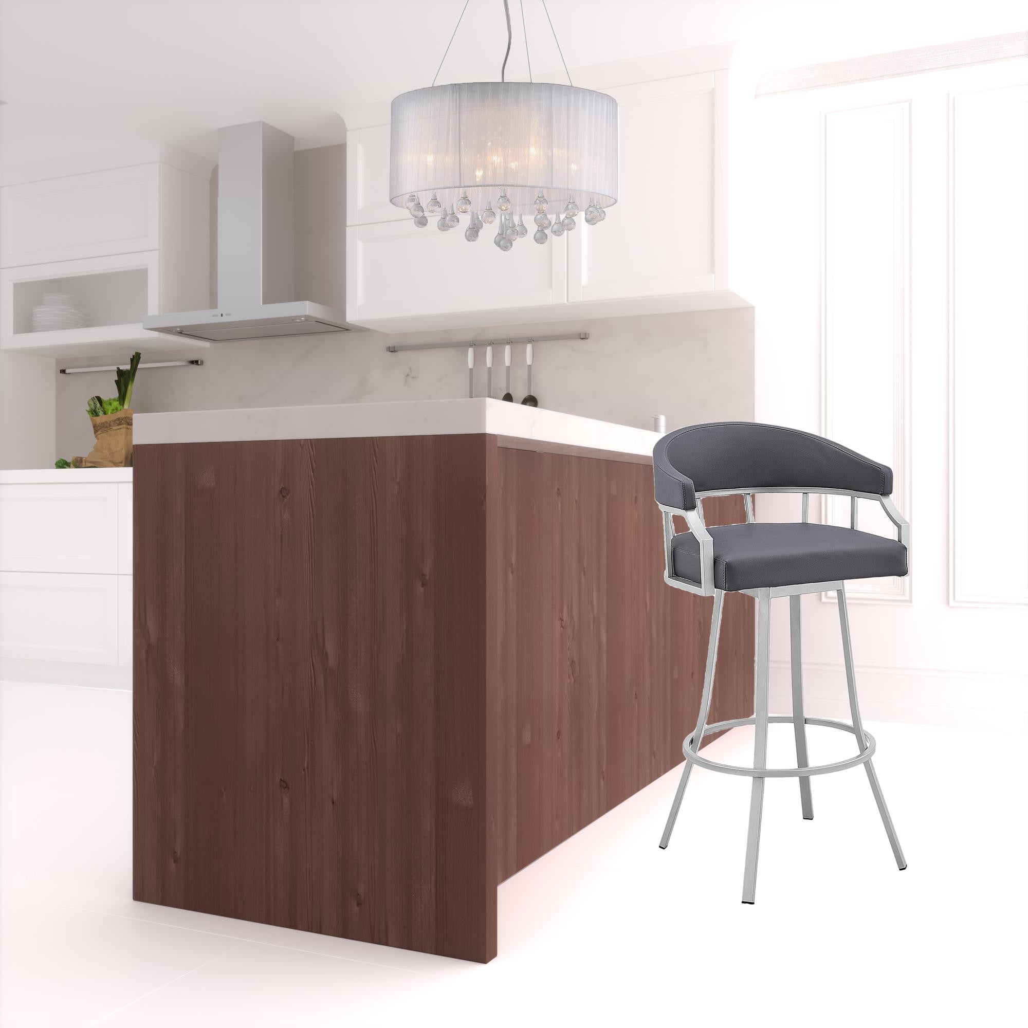 30" Slate Gray And Silver Faux Leather And Iron Swivel Low Back Bar Height Bar Chair-1