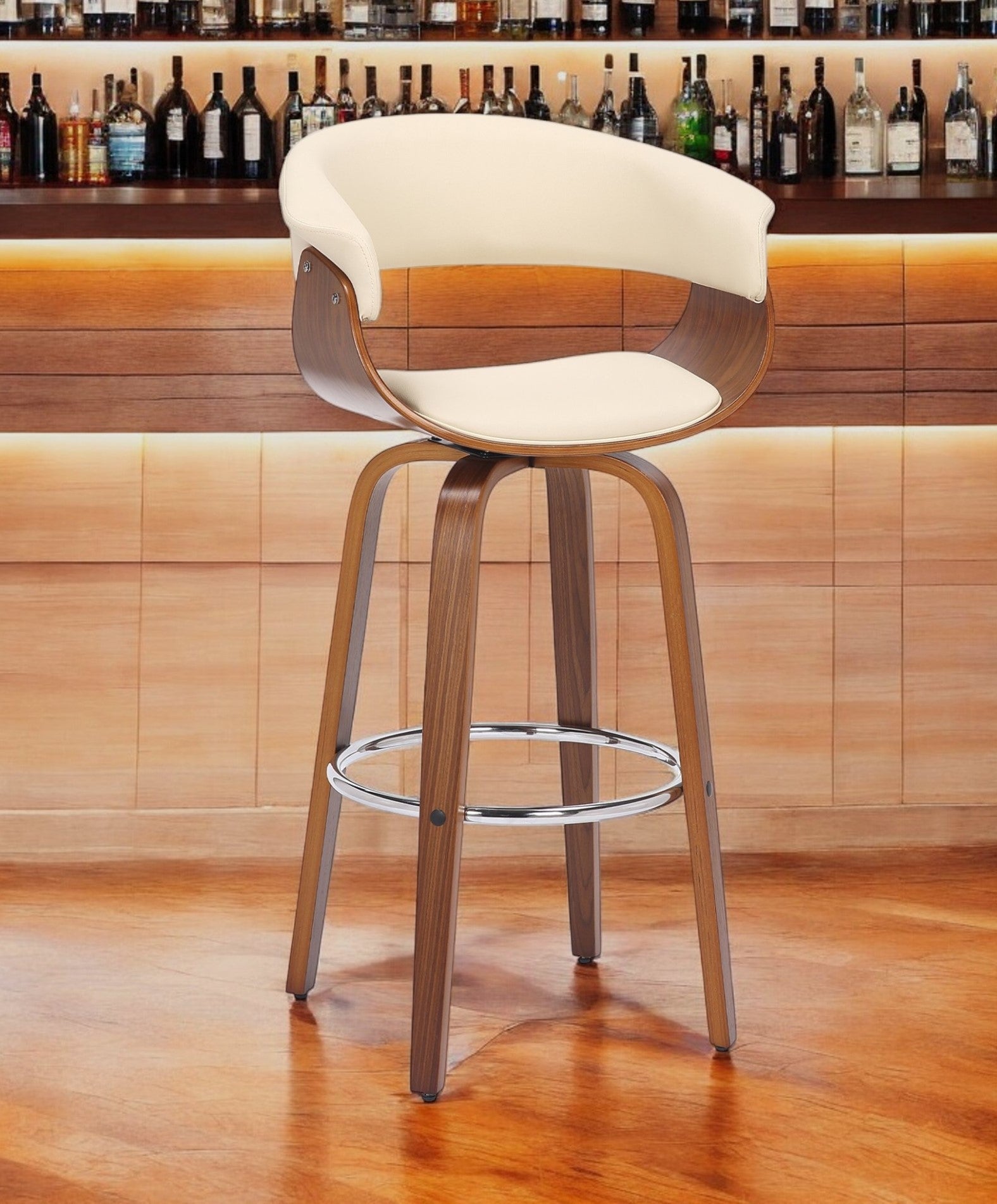 27" Cream and Brown Faux Leather and Solid Wood Low Back Counter Height Swivel Bar Chair-0