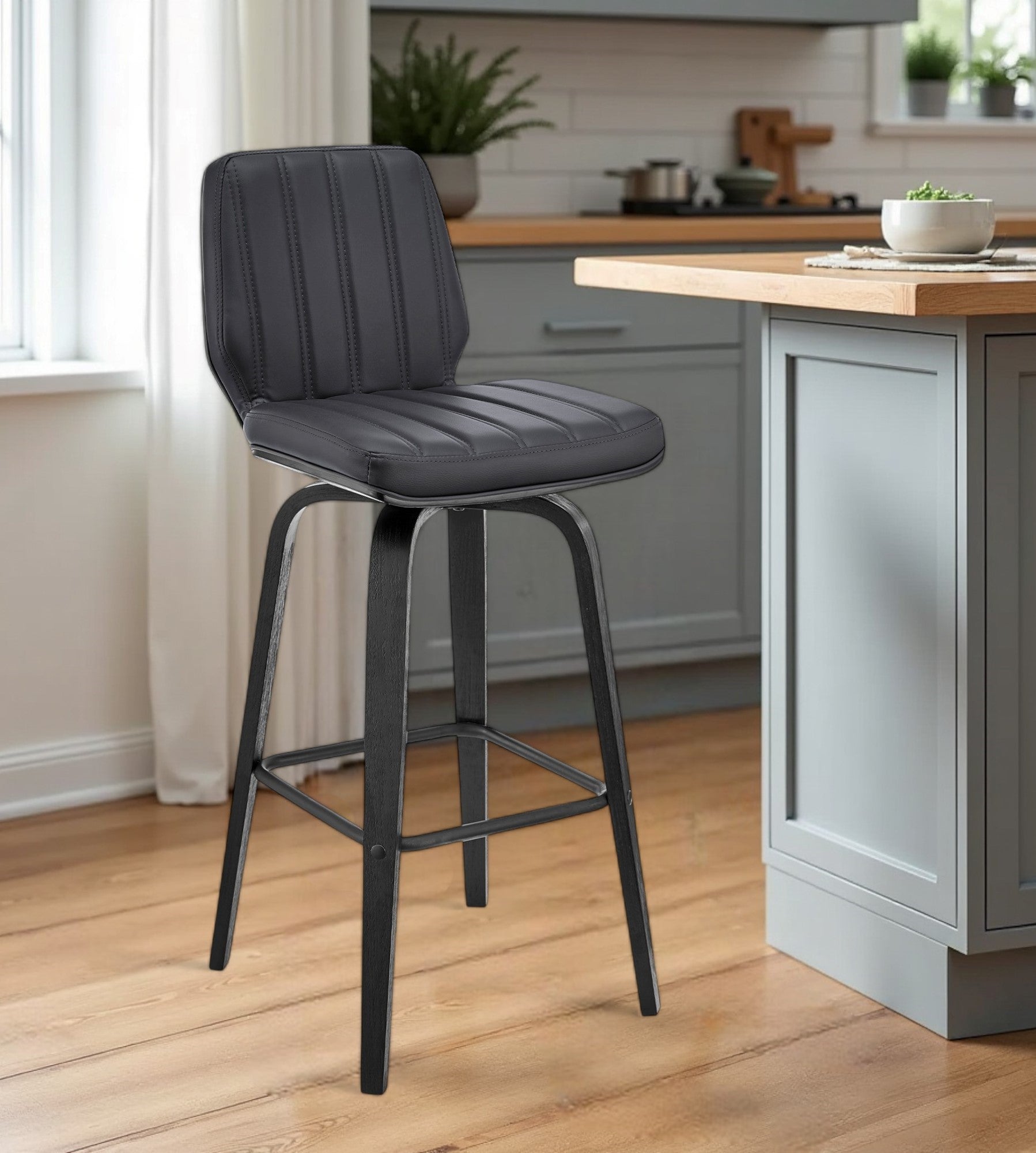 27" Gray and Black Faux Leather and Iron Counter Height Swivel Bar Chair-0