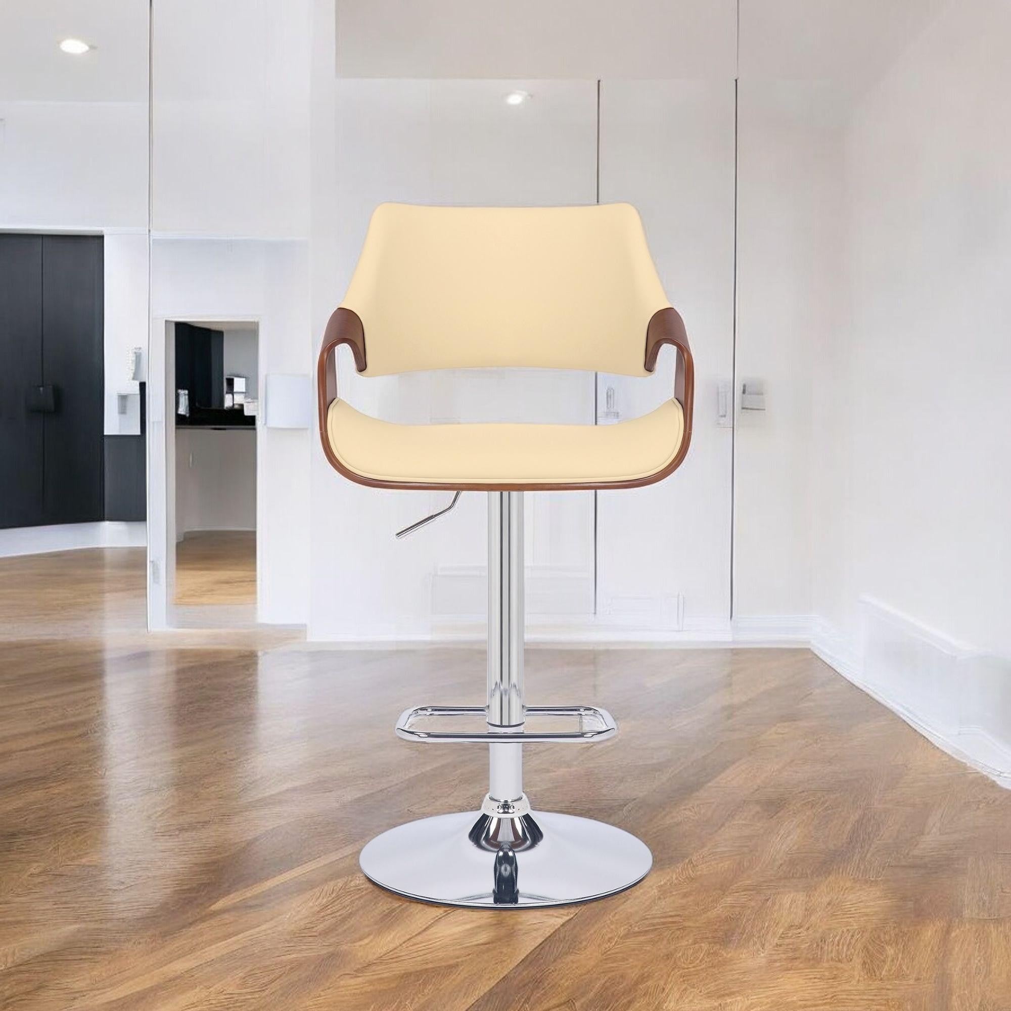 Cream and Silver Faux Leather Iron And Wood Adjustable Height Swivel Bar Chair-0