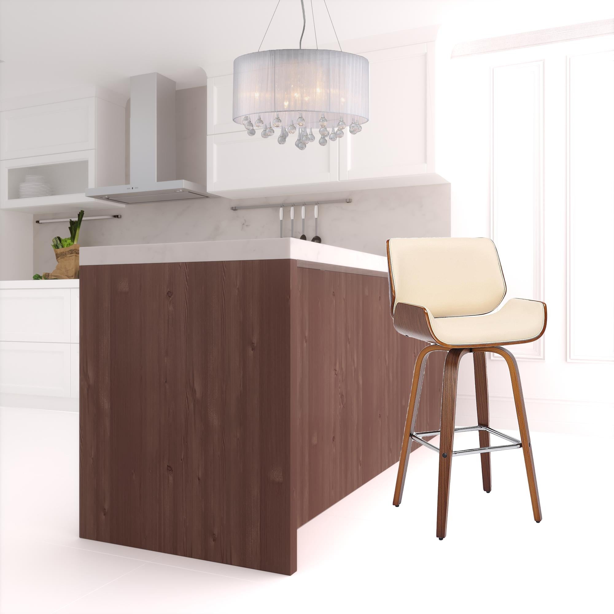 30" Cream And Brown Faux Leather And Solid Wood Swivel Bar Height Bar Chair-1