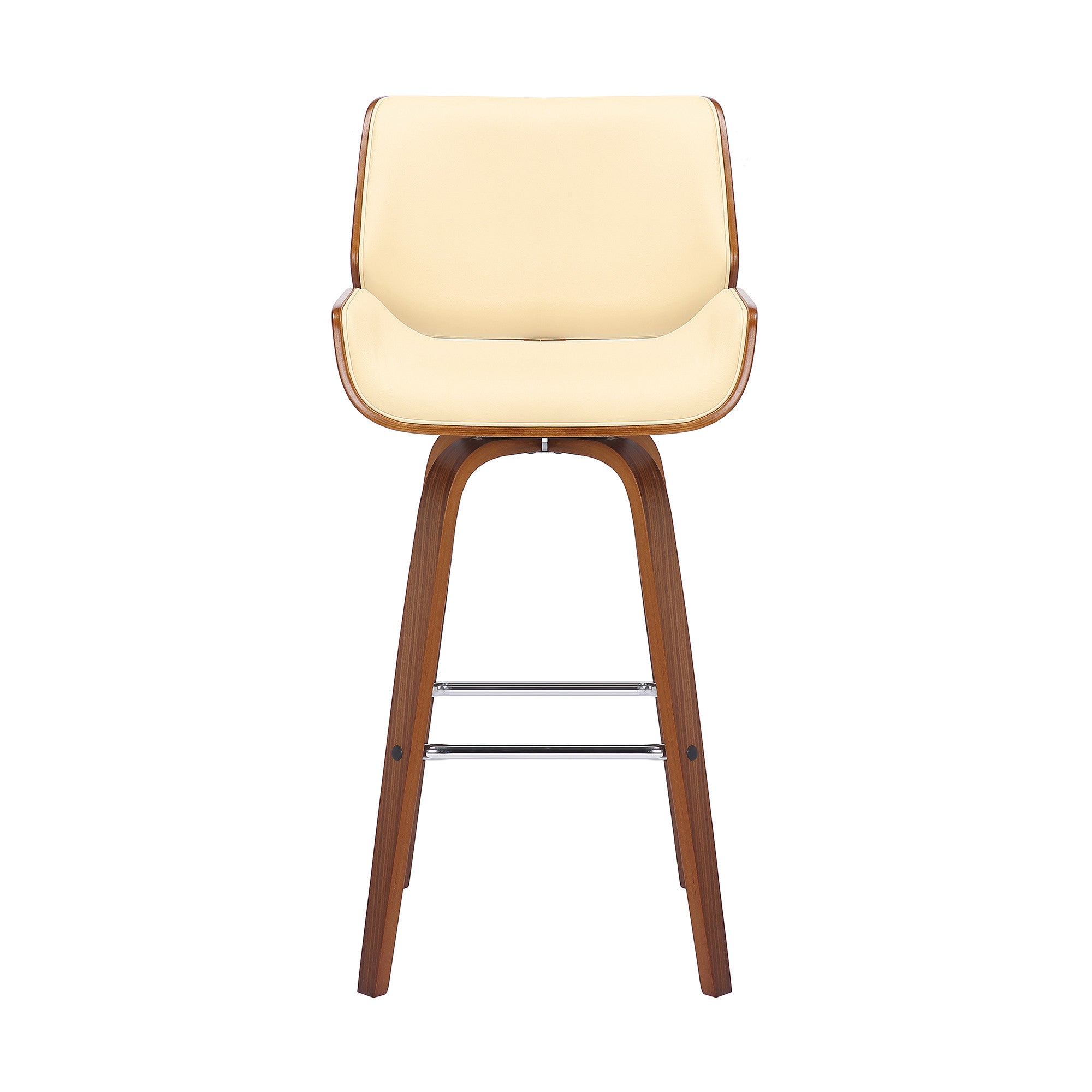 30" Cream And Brown Faux Leather And Solid Wood Swivel Bar Height Bar Chair-2