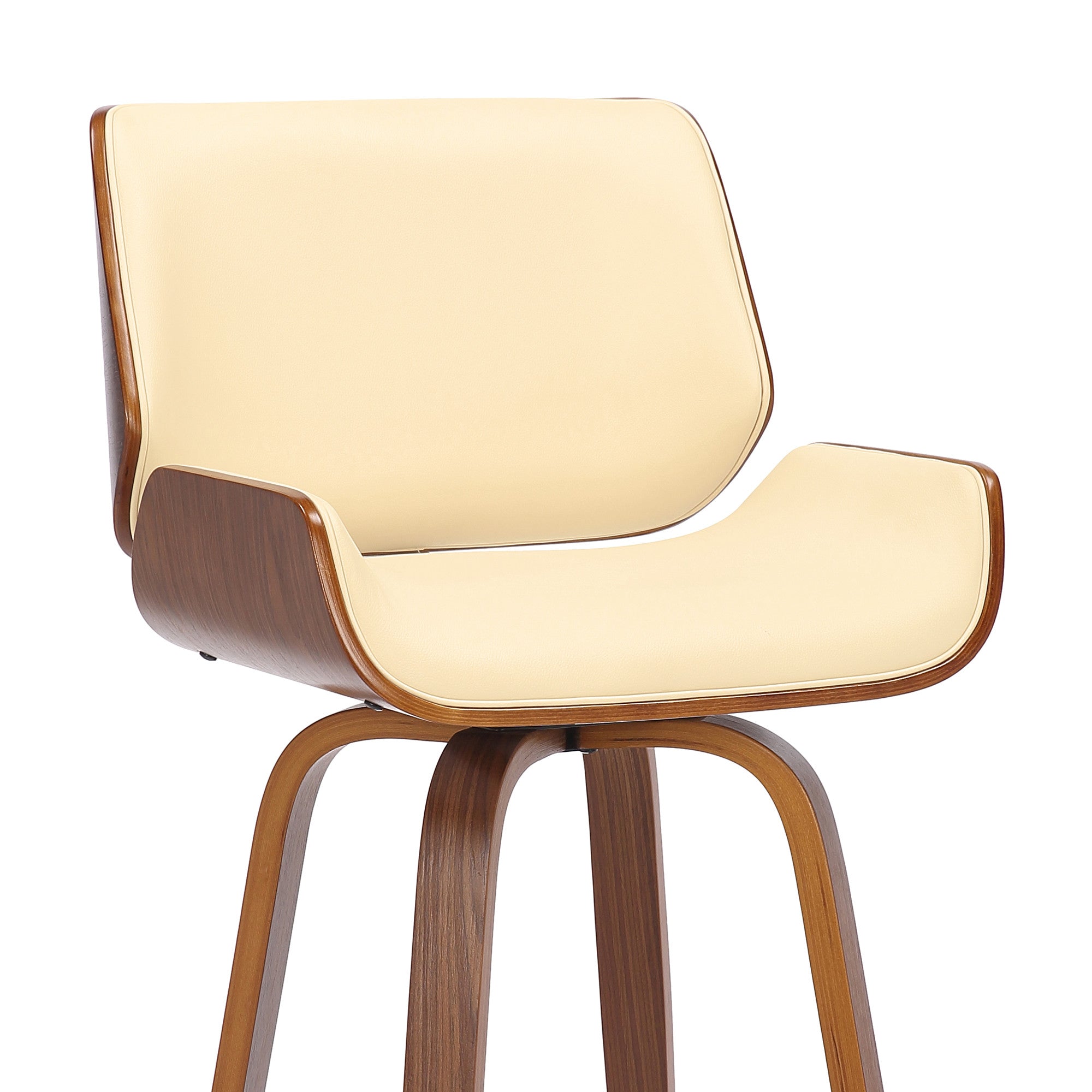 30" Cream And Brown Faux Leather And Solid Wood Swivel Bar Height Bar Chair-8