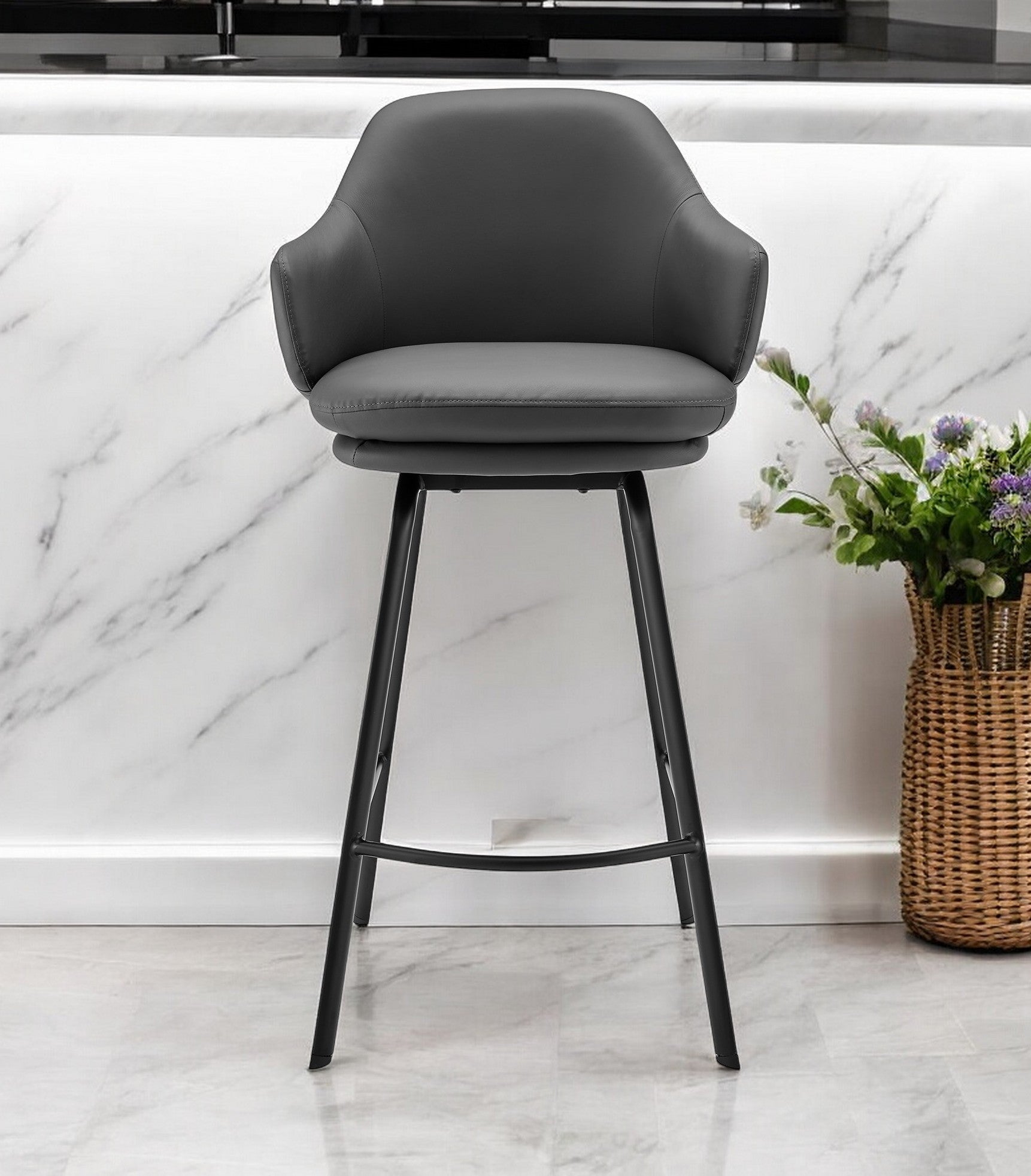 26" Gray and Black Fabric and Iron Low Back Counter Height Swivel Bar Chair-0