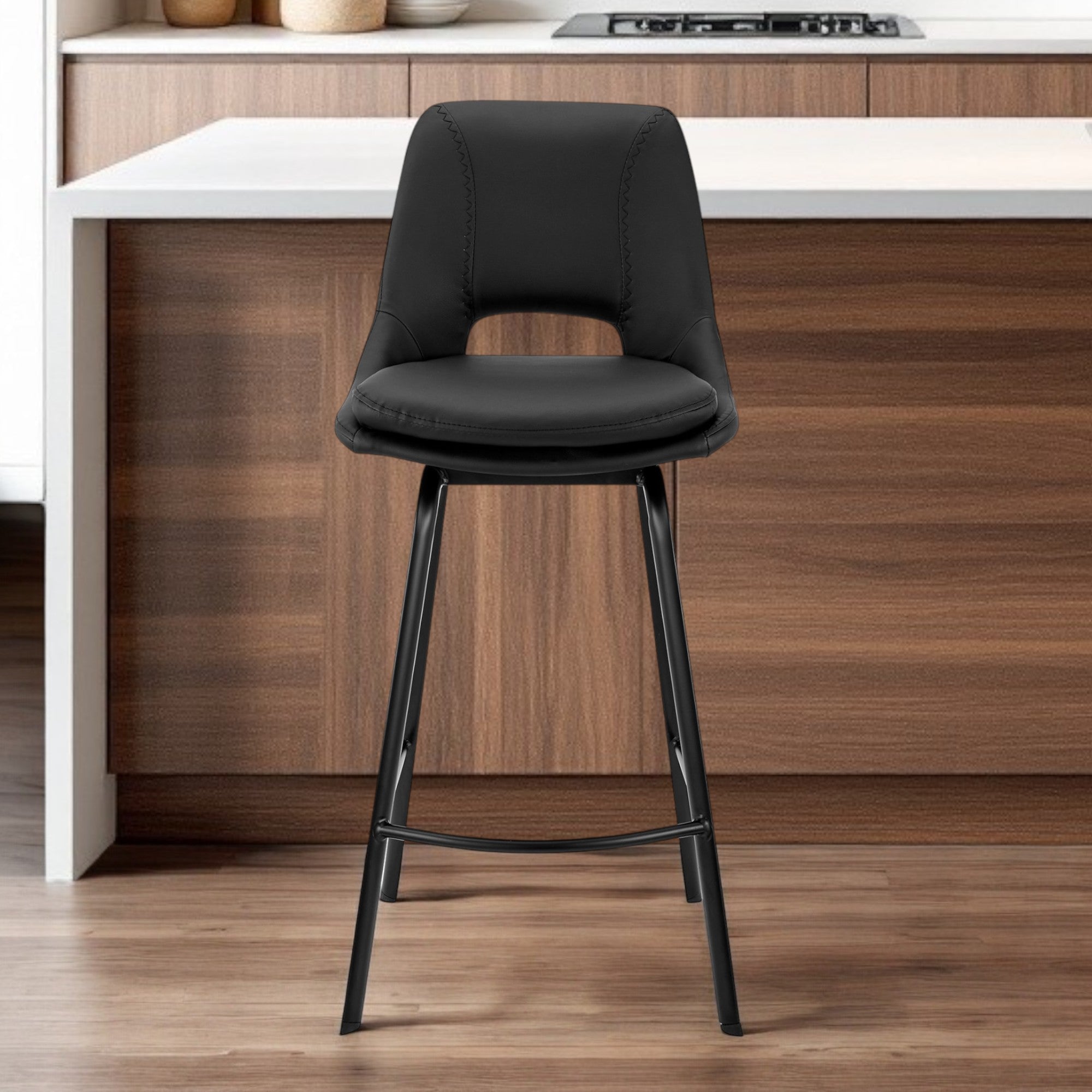 30" Black Faux Leather and Iron Bar Height Swivel Bar Chair-0