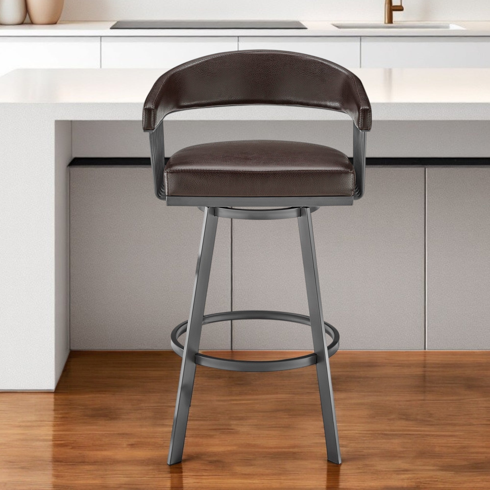 25" Chocolate And Gray Iron Swivel Low Back Counter Height Bar Chair-1