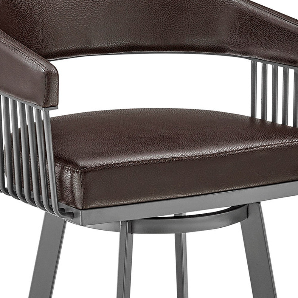 29" Chocolate And Gray Iron Swivel Low Back Bar Height Bar Chair-7