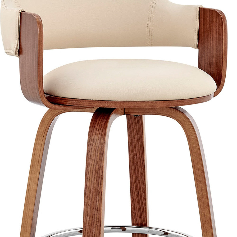 26" Cream And Brown Swivel Low Back Counter Height Bar Chair-7