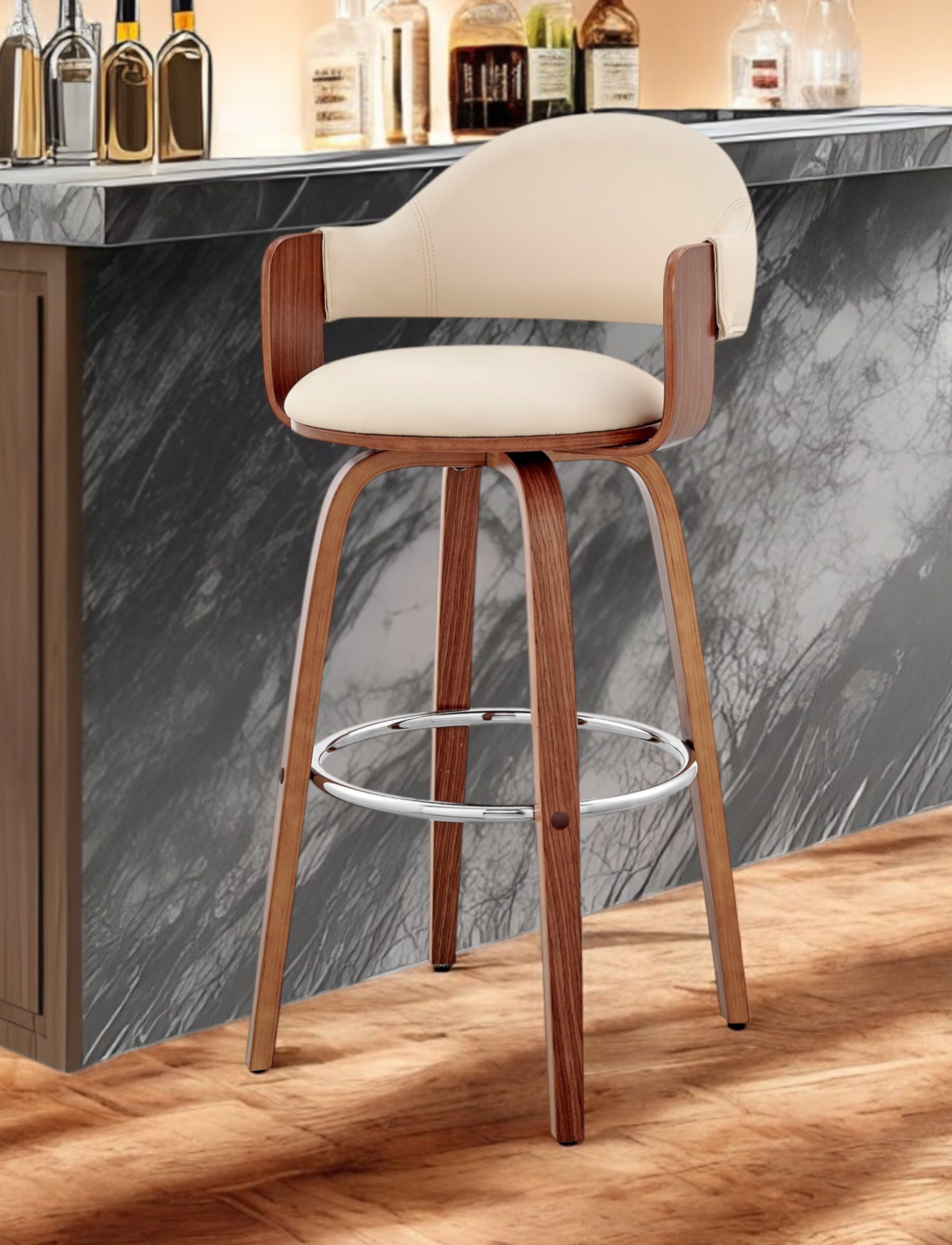 30" Cream and Brown Fabric Low Back Bar Height Swivel Bar Chair-0