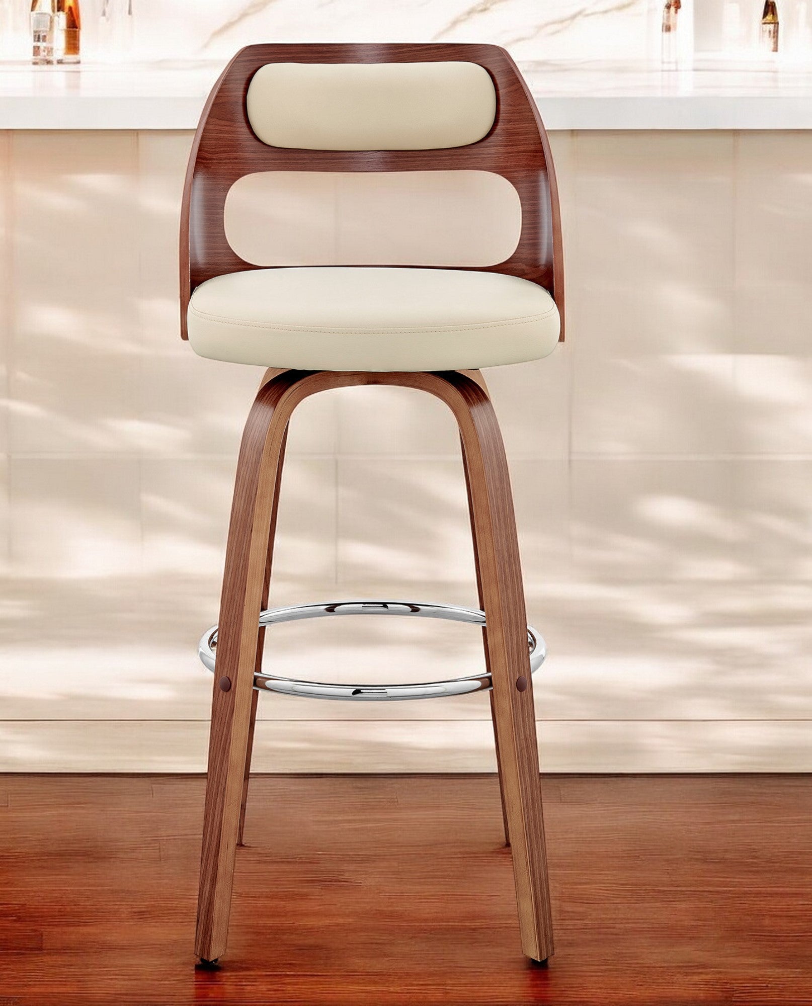 30" Cream and Brown Faux Leather Swivel Bar Chair-0