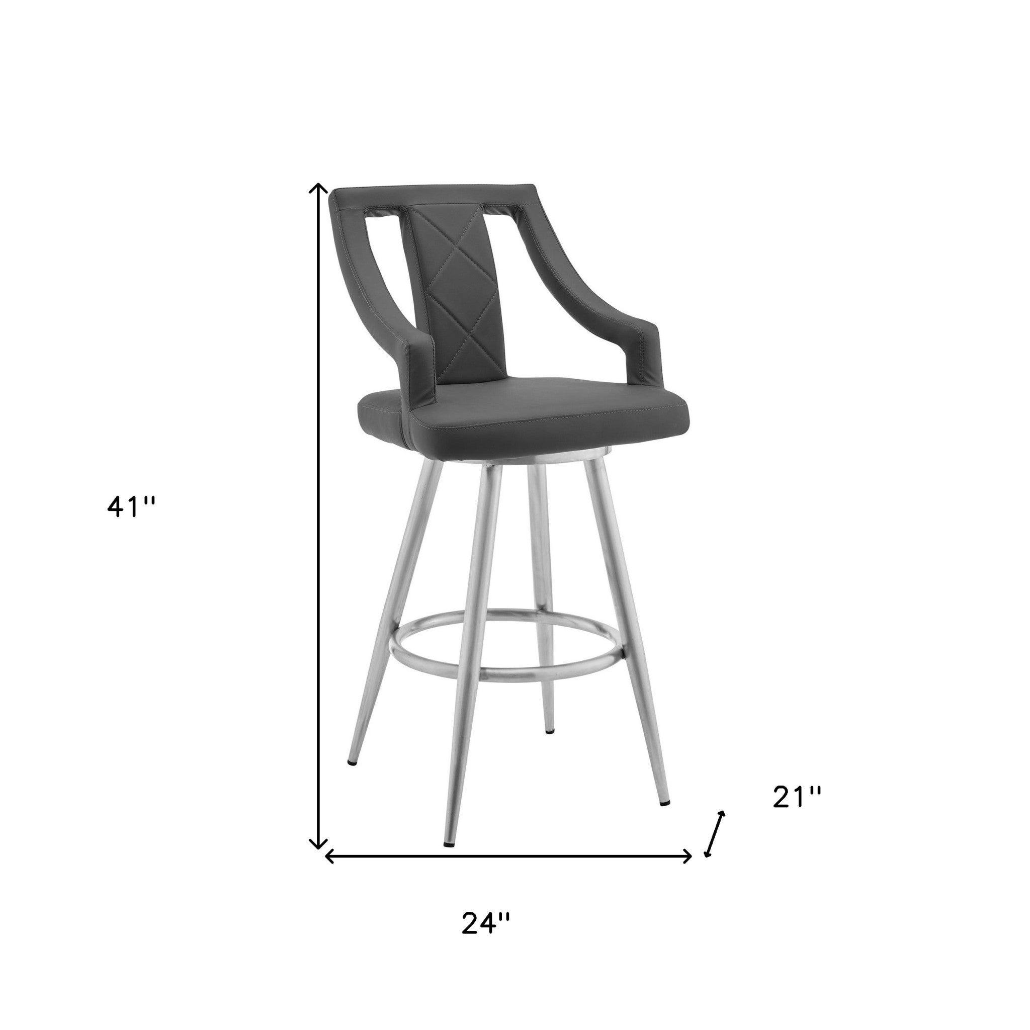 25" Gray and Silver Faux Leather and Iron Counter Height Swivel Bar Chair-4
