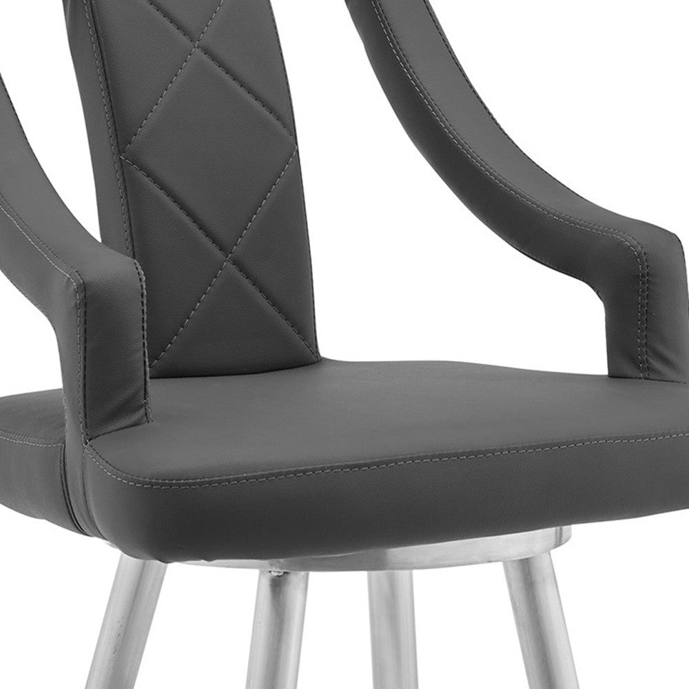 25" Gray and Silver Faux Leather and Iron Counter Height Swivel Bar Chair-3
