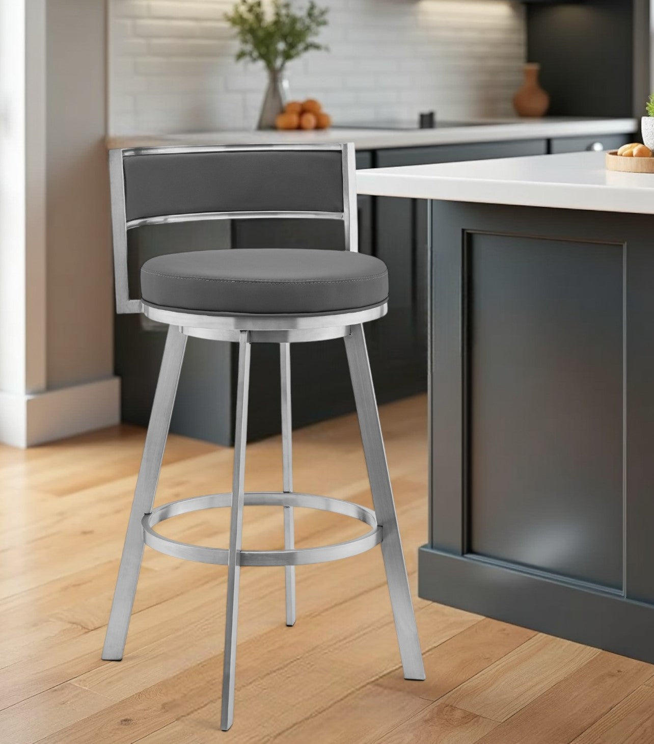 26" Gray and Silver Faux Leather and Iron Low Back Counter Height Swivel Bar Chair-0