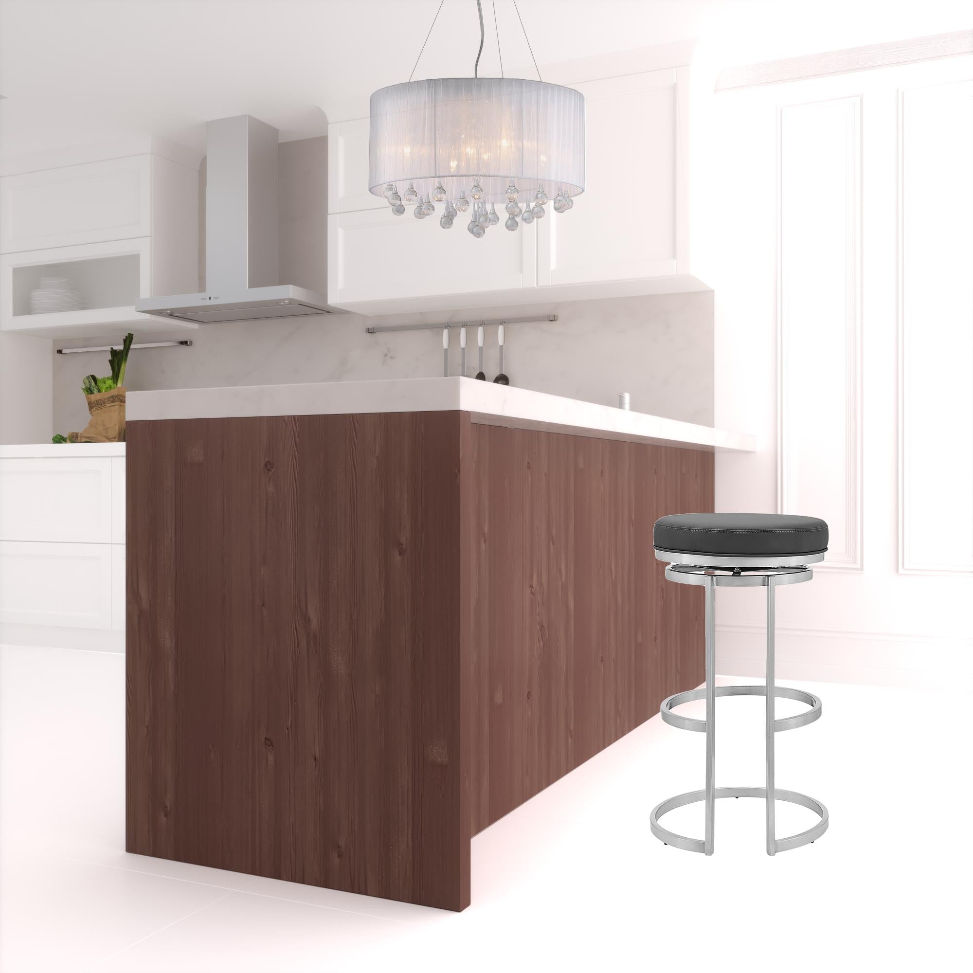 30" Gray And Silver Faux Leather And Iron Swivel Backless Bar Height Bar Chair-1