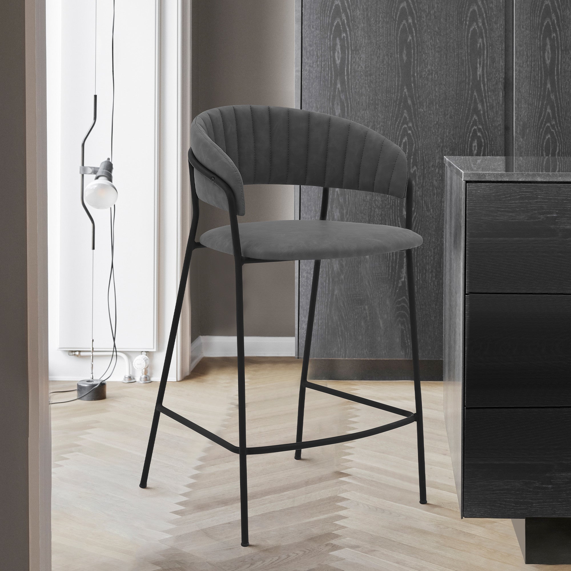 26" Gray and Black Faux Leather and Iron Low Back Counter Height Bar Chair-4