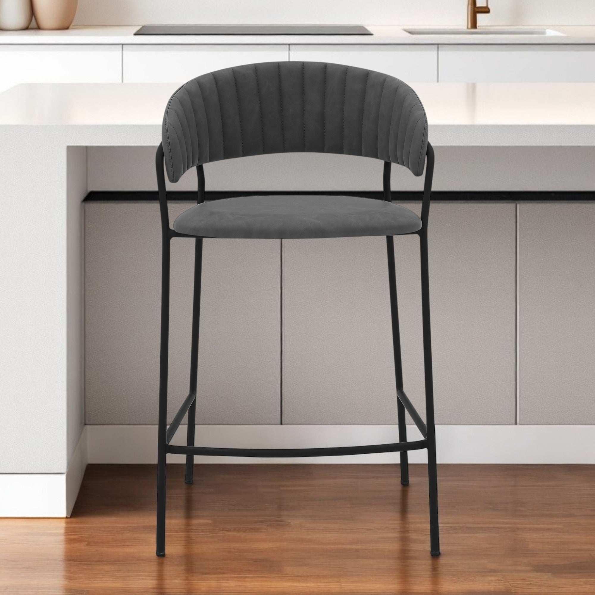 26" Gray and Black Faux Leather and Iron Low Back Counter Height Bar Chair-0