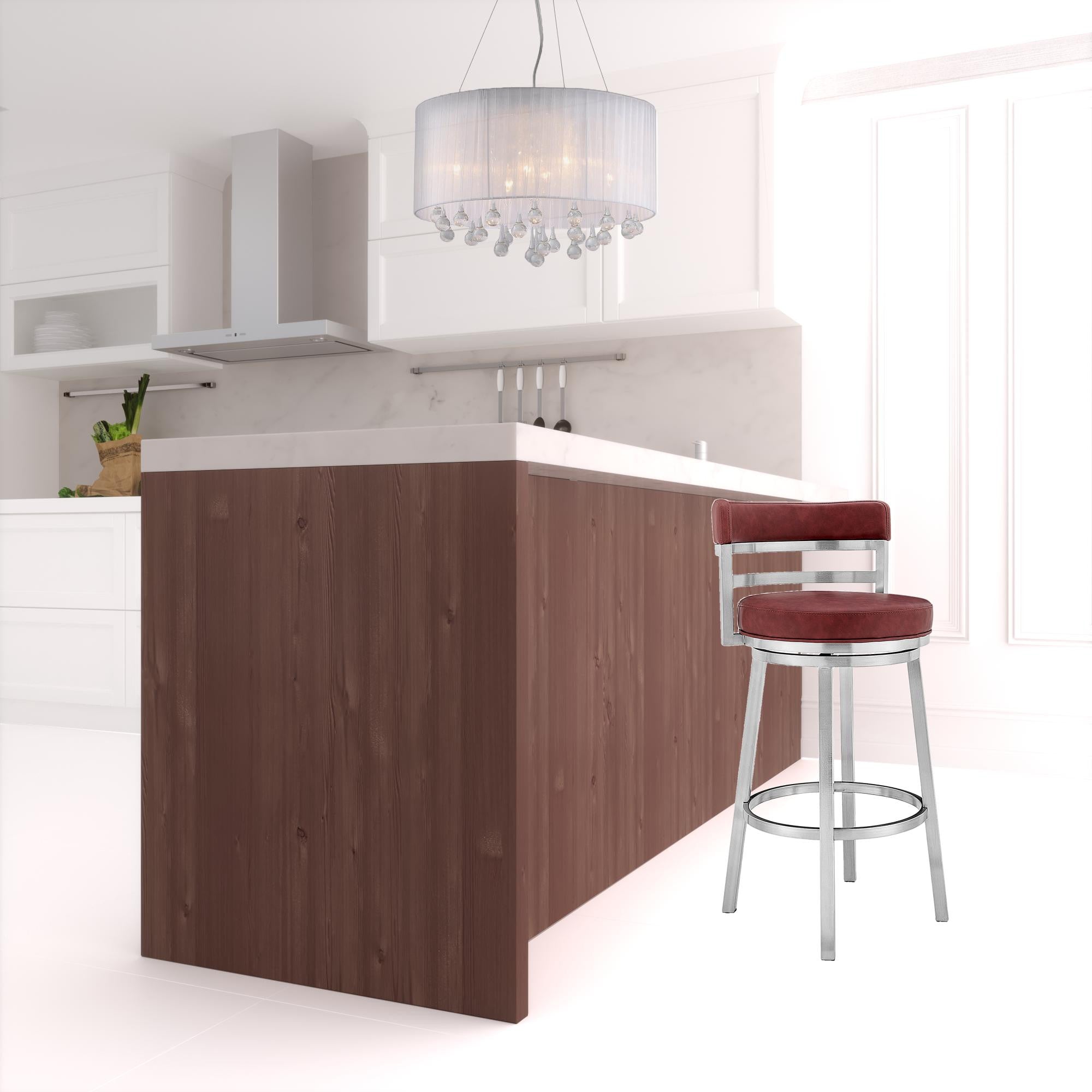 26" Red And Silver Faux Leather And Iron Swivel Low Back Counter Height Bar Chair-1