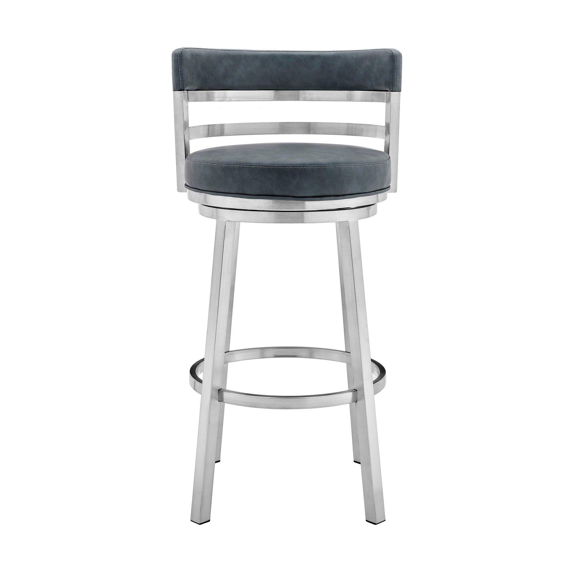 26" Blue and Silver Faux Leather and Stainless Steel Low Back Counter Height Swivel Bar Chair-2