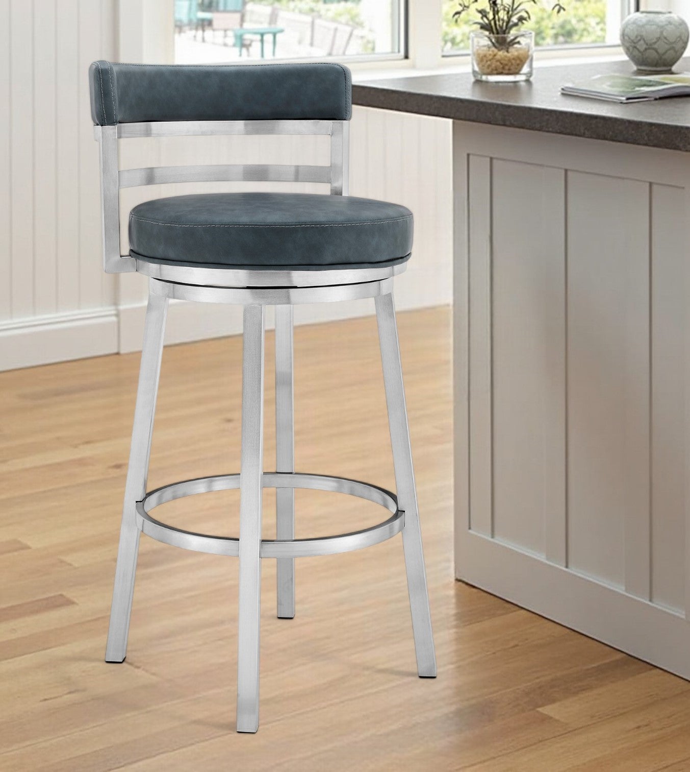 26" Blue and Silver Faux Leather and Stainless Steel Low Back Counter Height Swivel Bar Chair-0