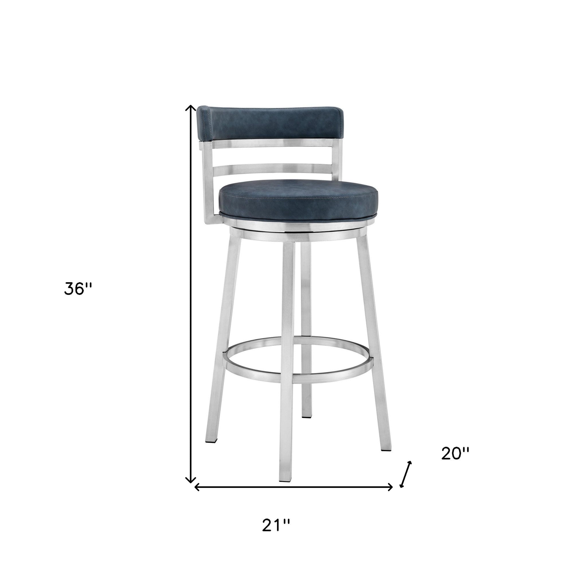 26" Blue and Silver Faux Leather and Stainless Steel Low Back Counter Height Swivel Bar Chair-7