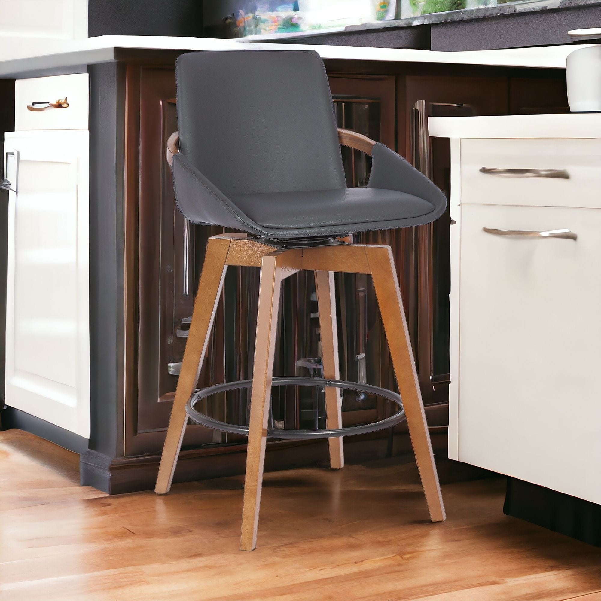 27" Gray And Brown Iron Swivel Counter Height Bar Chair-1