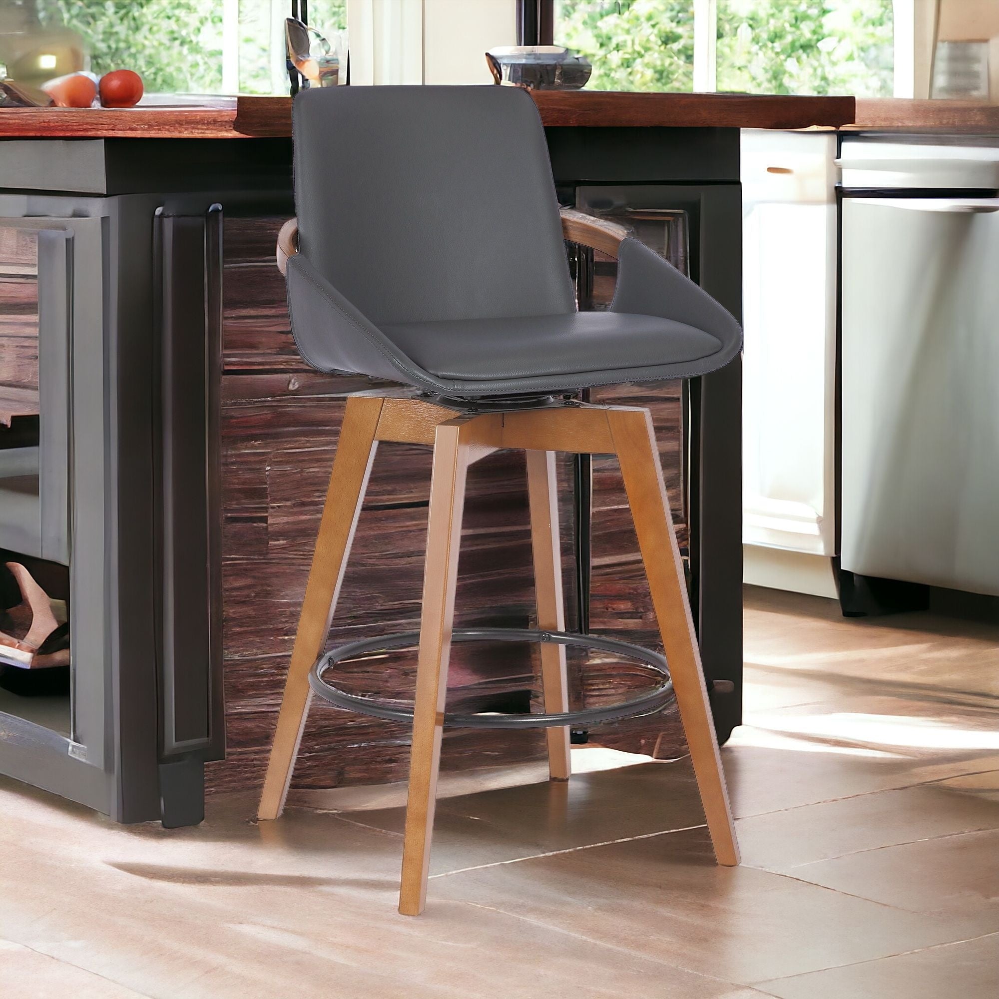 27" Gray And Brown Iron Swivel Counter Height Bar Chair-2