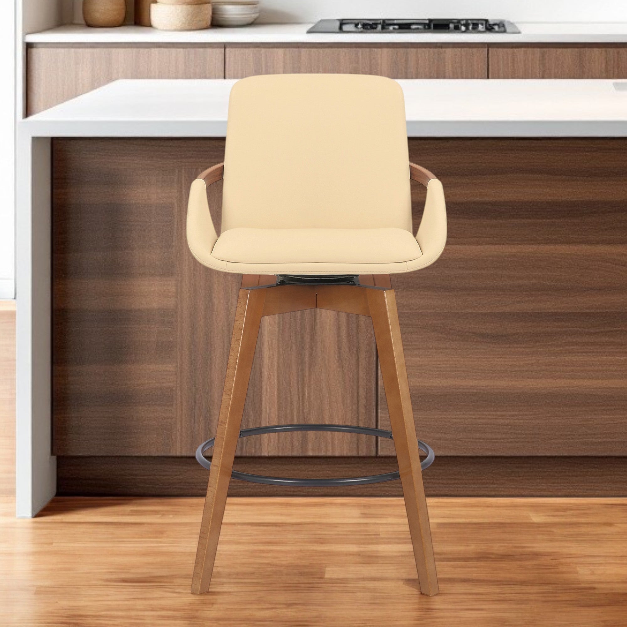 27" Cream And Black Powder Coated Footrest Iron Swivel Counter Height Bar Chair-0