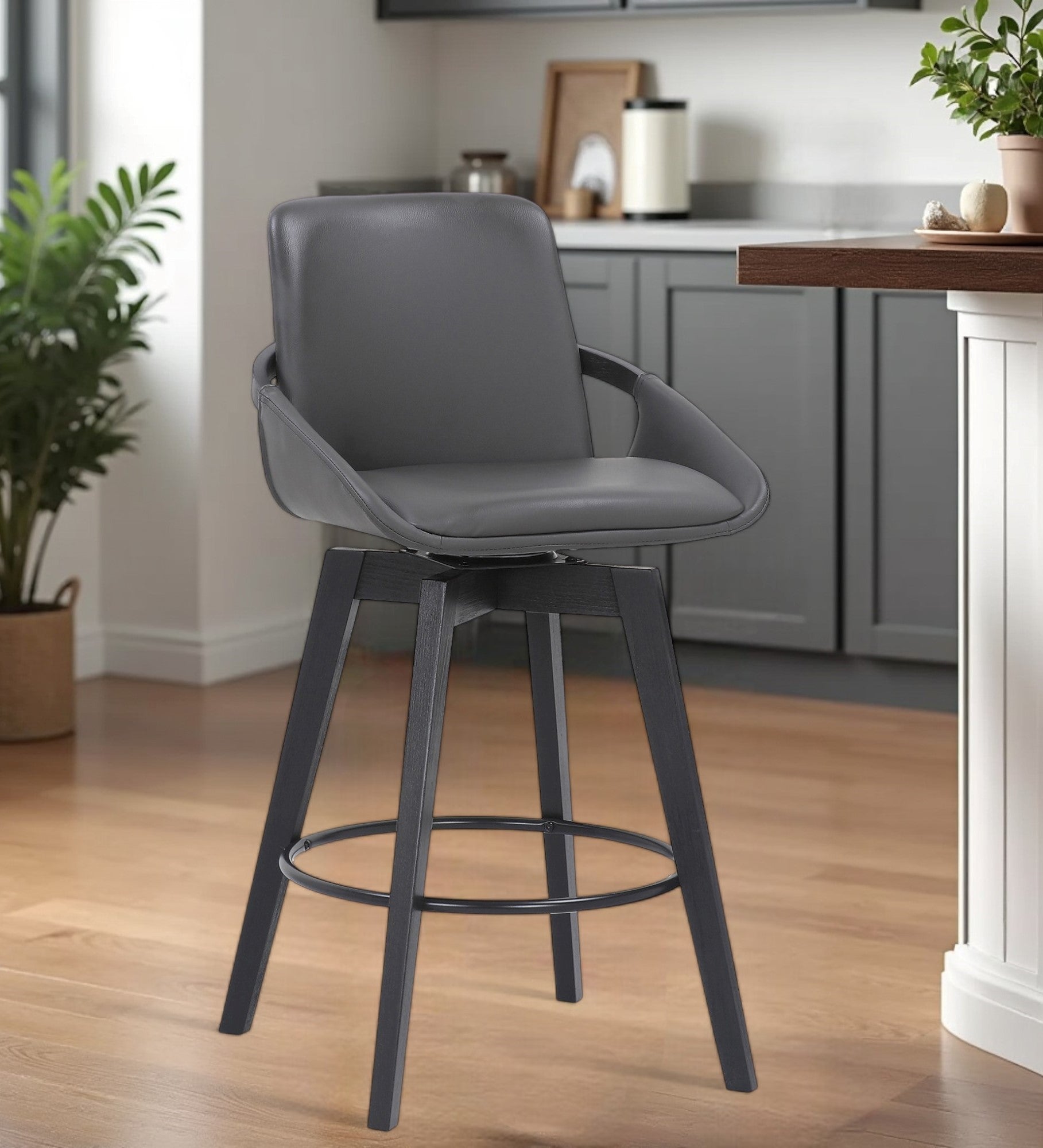 27" Gray and Black Faux Leather Low Back Bar Height Swivel Bar Chair-0