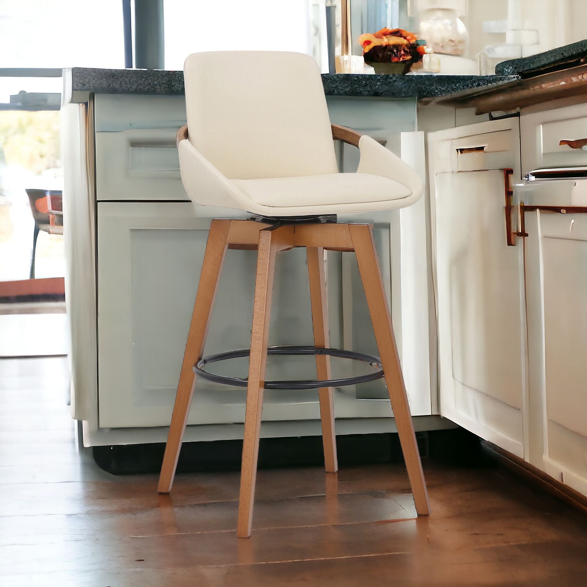 31" Cream and Black Fabric and Iron Bar Height Swivel Bar Chair-1