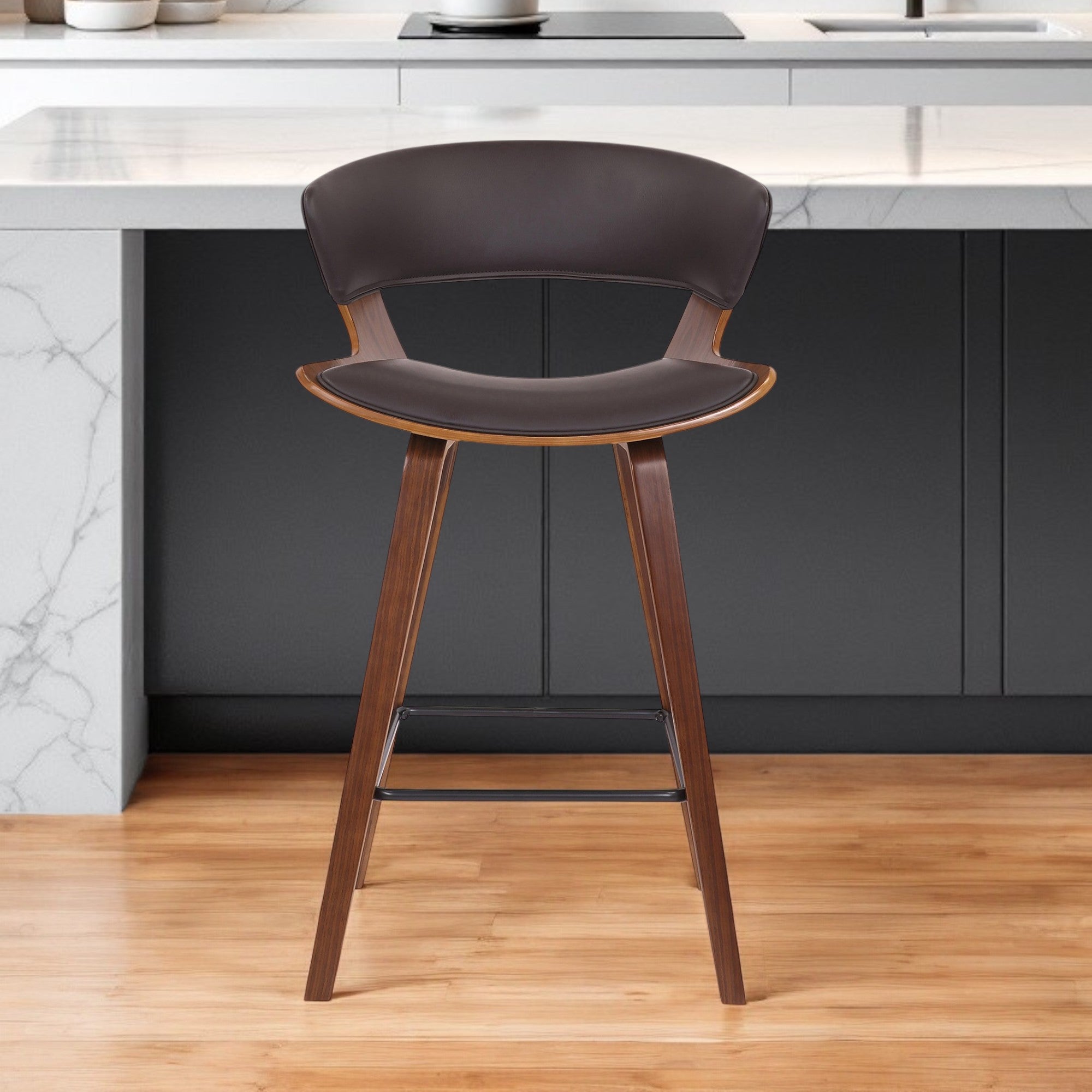 27" Brown Faux Leather and Iron Low Back Counter Height Bar Chair-0