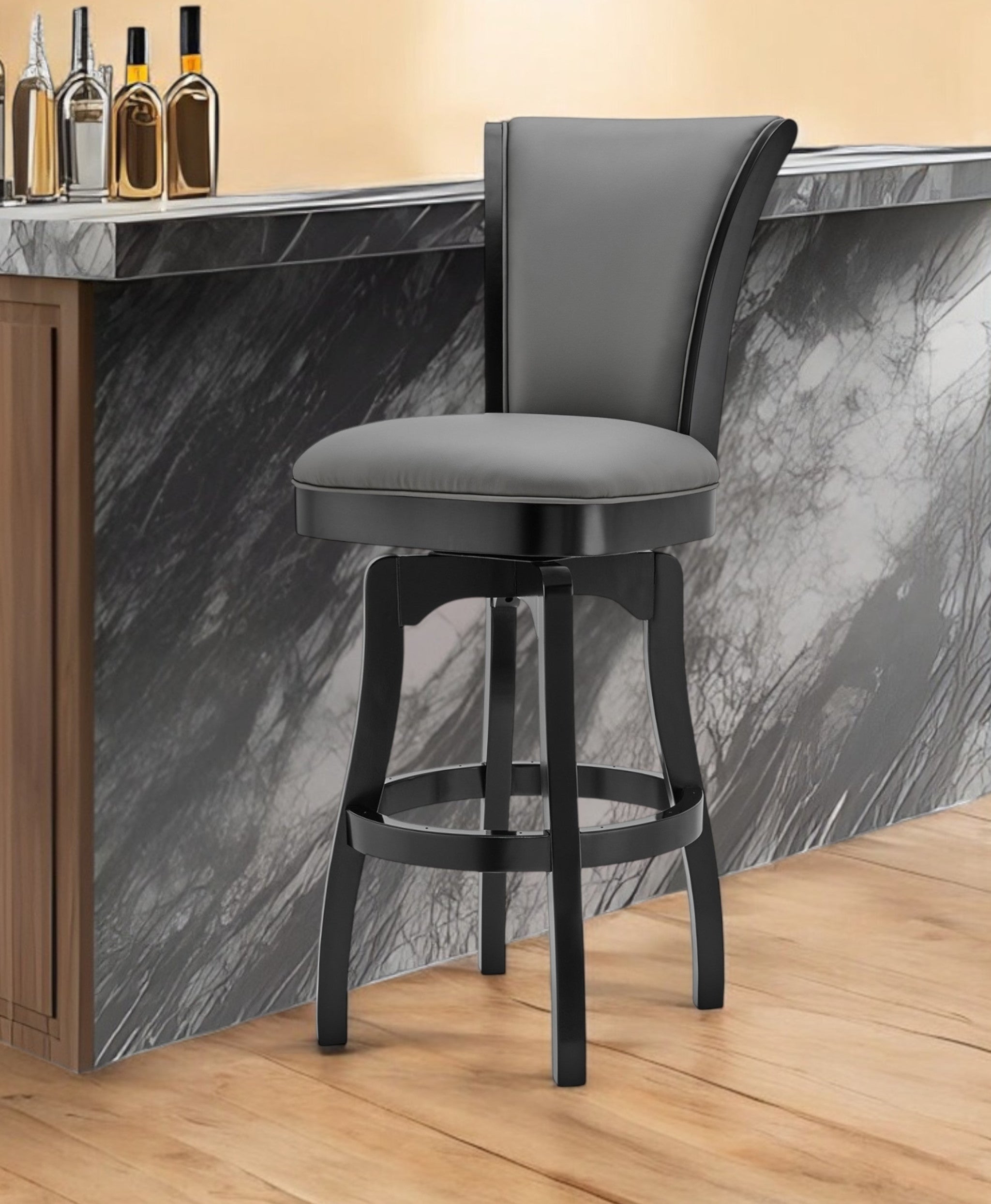 26" Gray and Black Faux Leather and Iron Counter Height Swivel Bar Chair-0