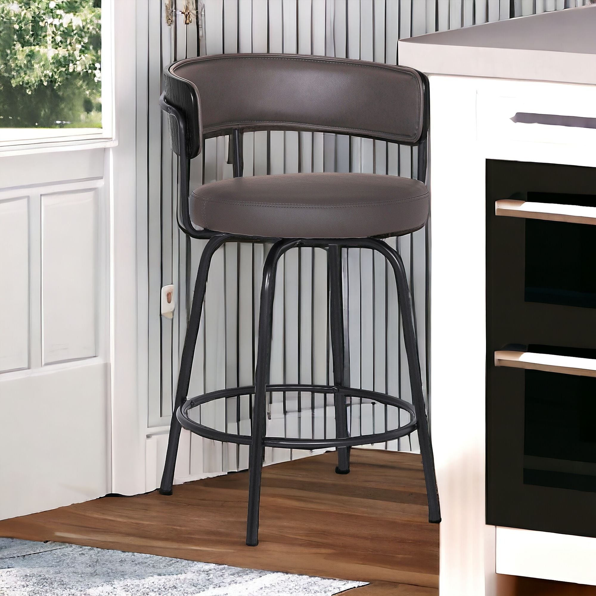 26" Gray And Black Faux Leather And Iron Swivel Counter Height Bar Chair-3