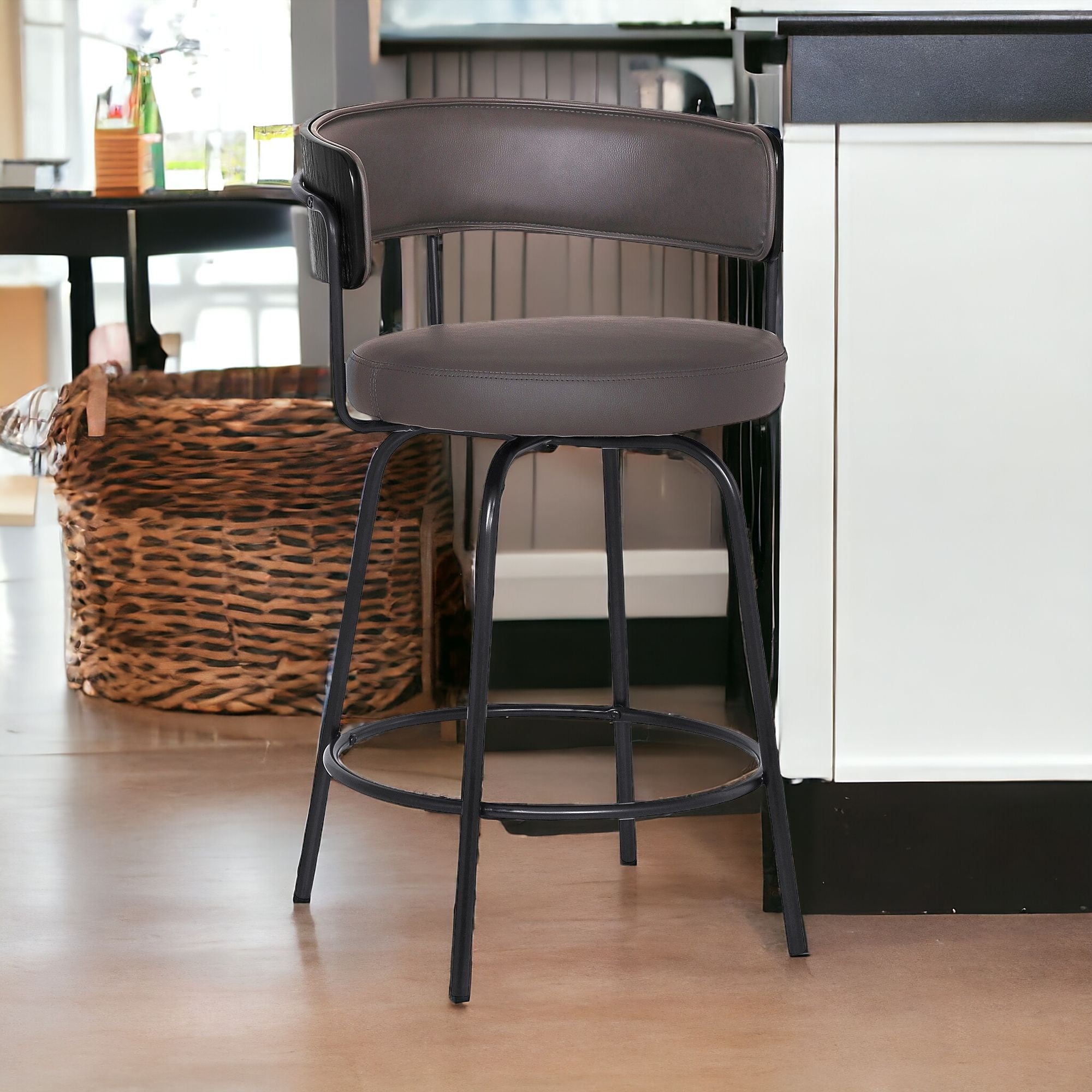 26" Gray And Black Faux Leather And Iron Swivel Counter Height Bar Chair-2