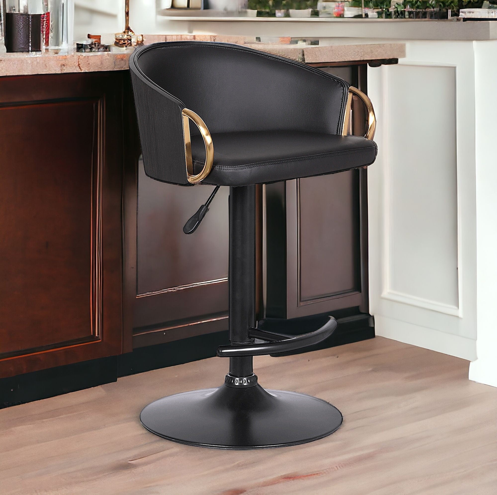 Black Iron Faux Leather and Fabric Low Back Adjustable Height Swivel Bar Chair-0