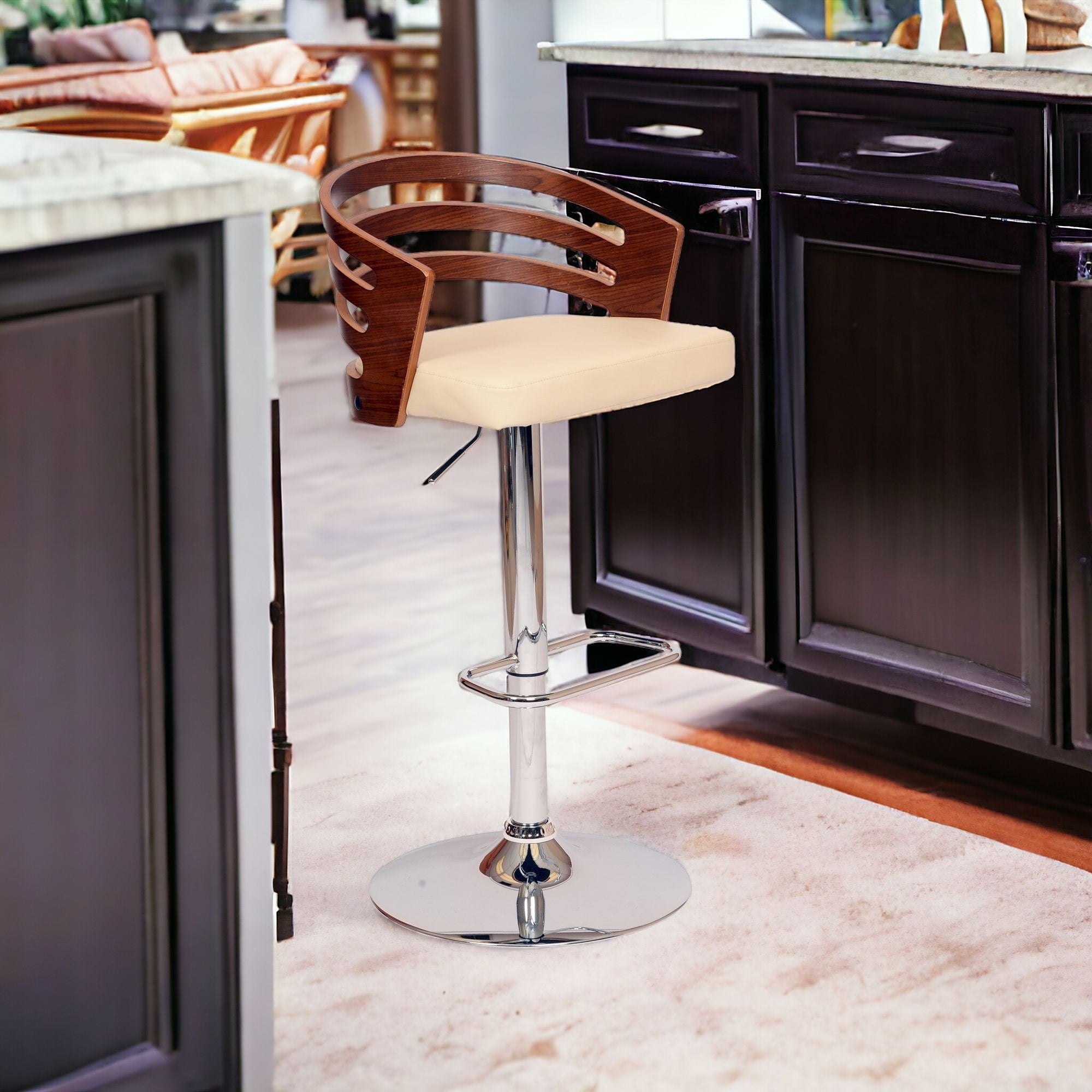 25" Cream And Silver Iron Swivel Low Back Adjustable Height Bar Chair-1