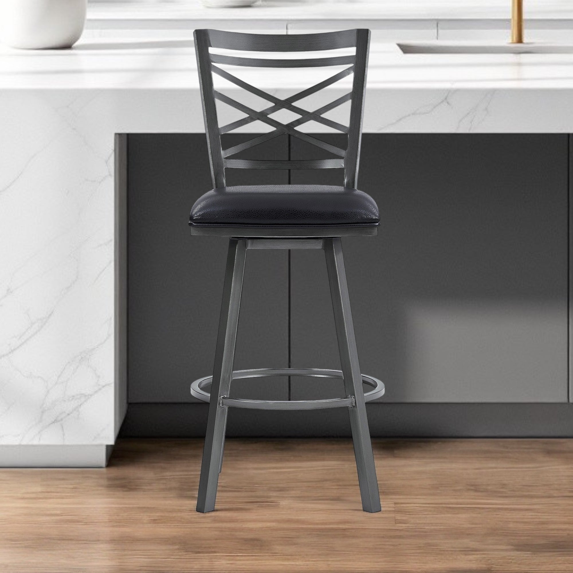 30" Black Faux Leather and Iron Bar Height Swivel Bar Chair-0