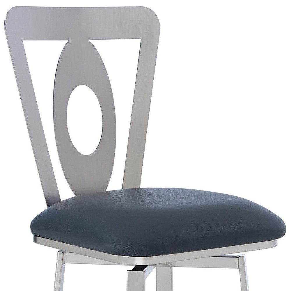 30" Gray And Silver Faux Leather And Iron Swivel Bar Height Bar Chair-8