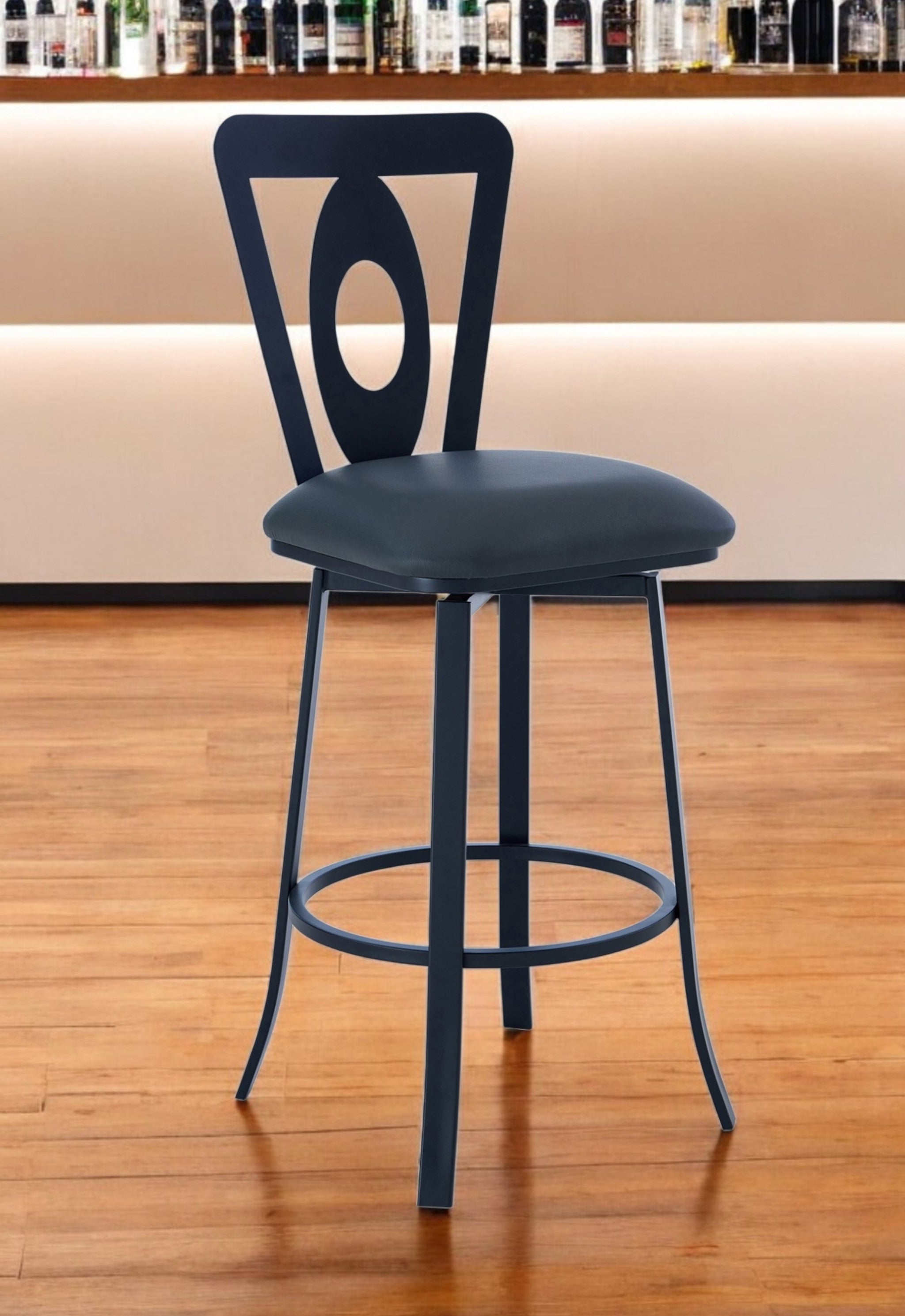 30" Gray and Black Faux Leather and Iron Bar Height Swivel Bar Chair-0