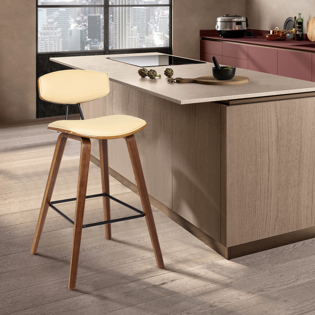 29" Cream and Brown Faux Leather and Iron Low Back Bar Height Bar Chair-6