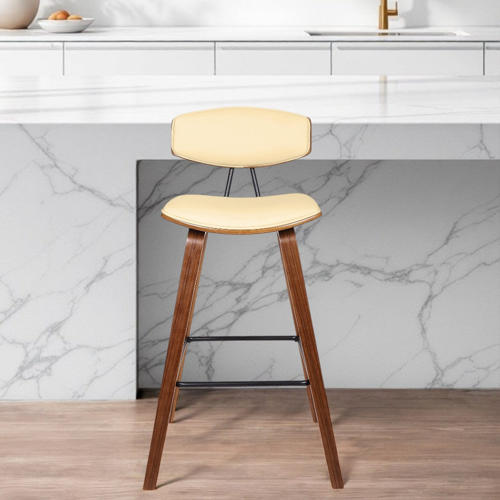 29" Cream and Brown Faux Leather and Iron Low Back Bar Height Bar Chair-0