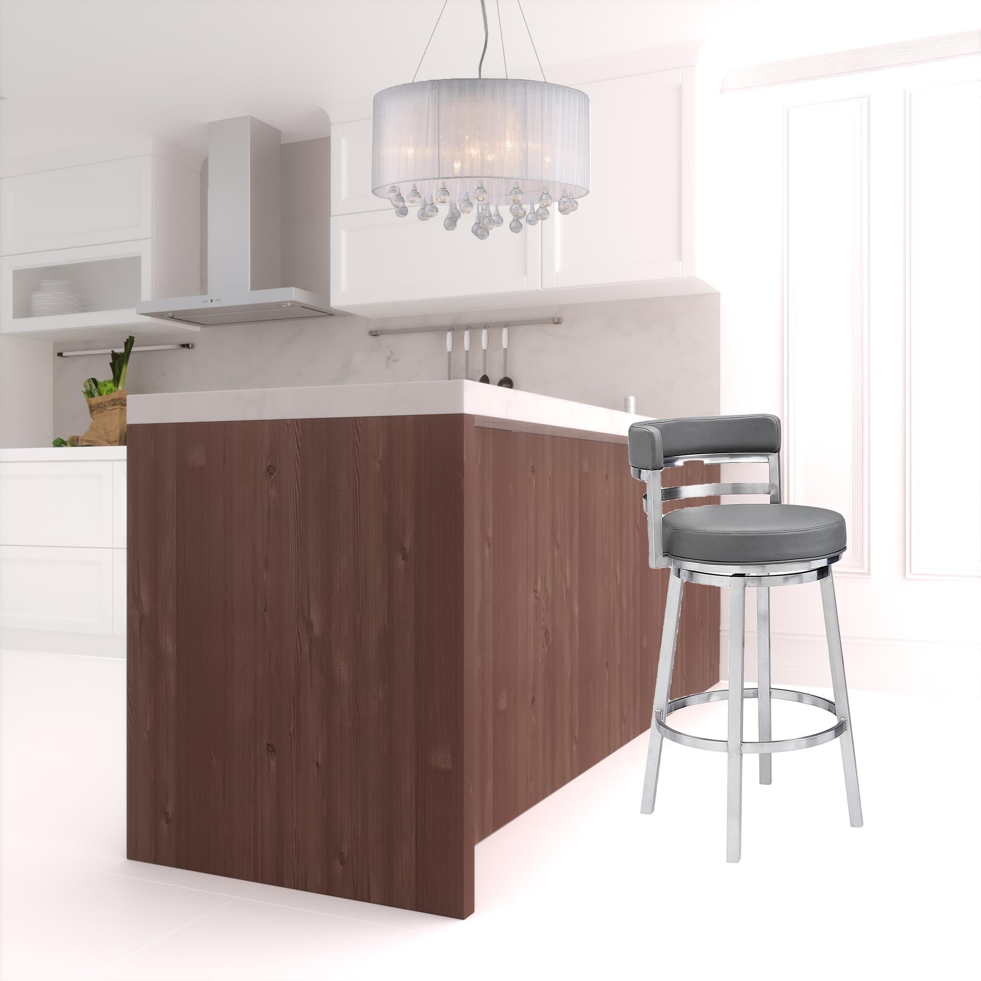 30" Gray And Silver Faux Leather And Iron Swivel Low Back Bar Height Bar Chair-1