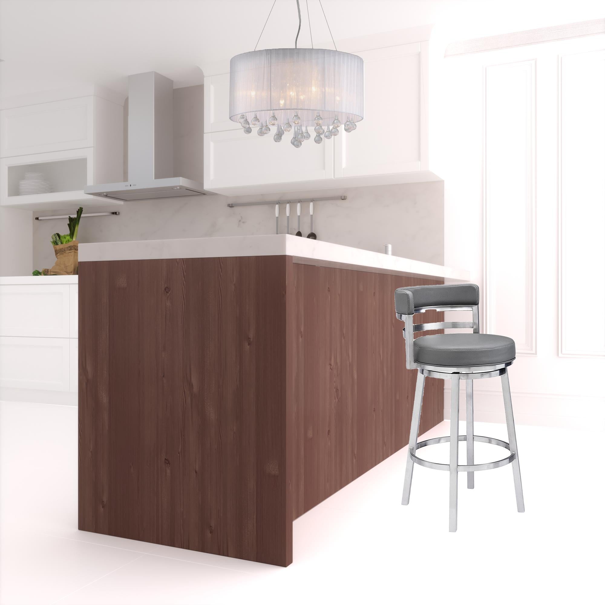 26" Gray And Silver Faux Leather And Iron Swivel Low Back Counter Height Bar Chair-1