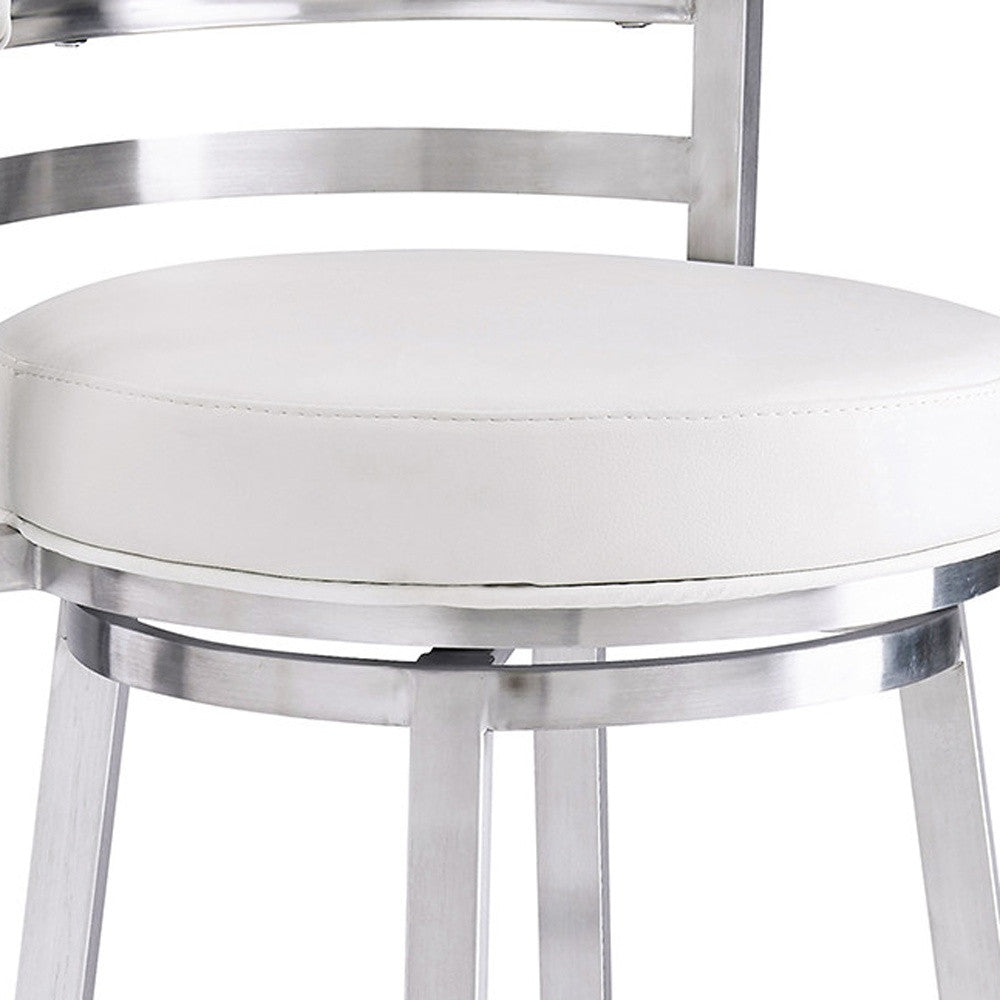 30" White and Silver Faux Leather and Iron Low Back Bar Height Swivel Bar Chair-7